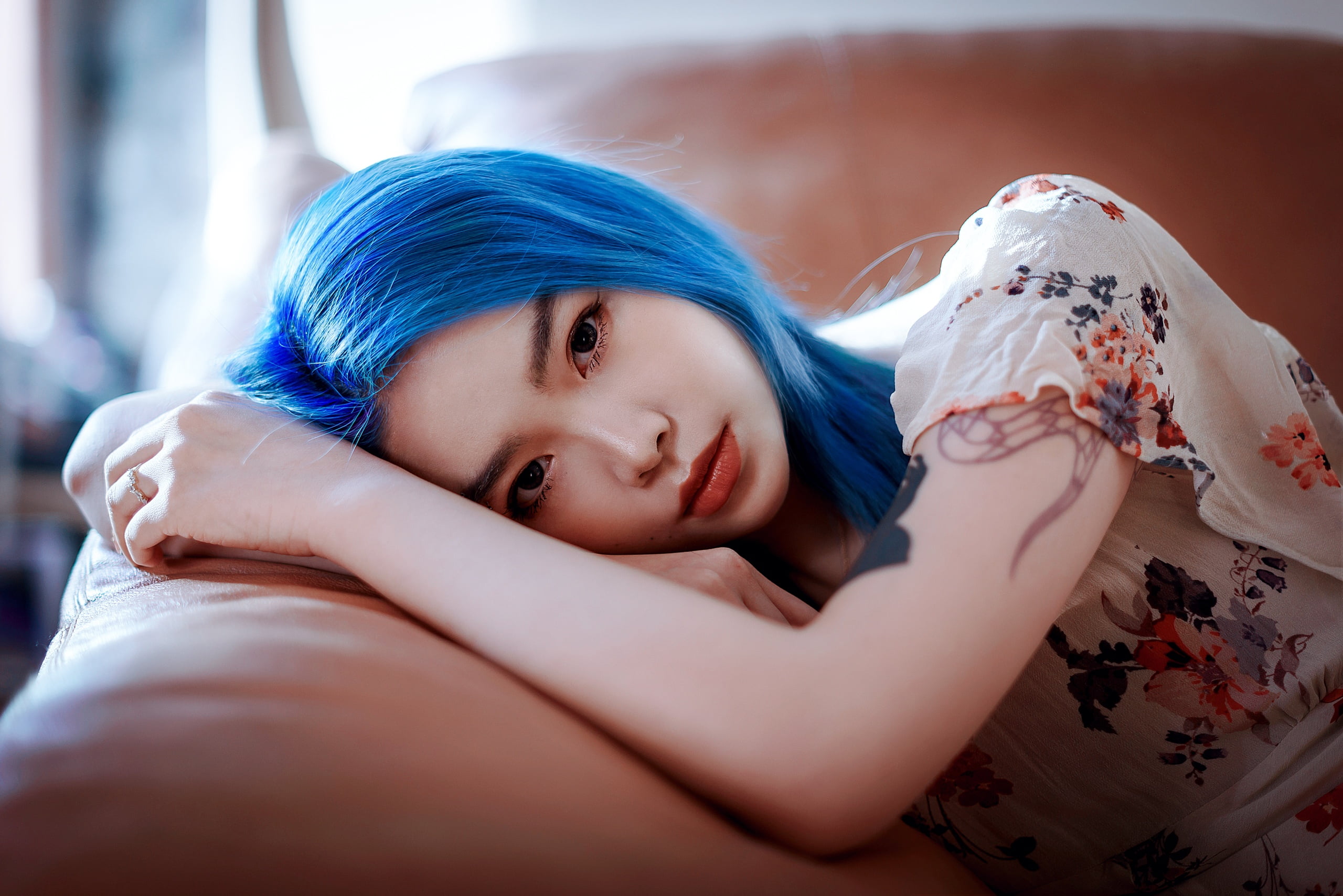 Free Download Hd Wallpaper Women Model Asian Blue Hair Dyed Hair Looking At Viewer