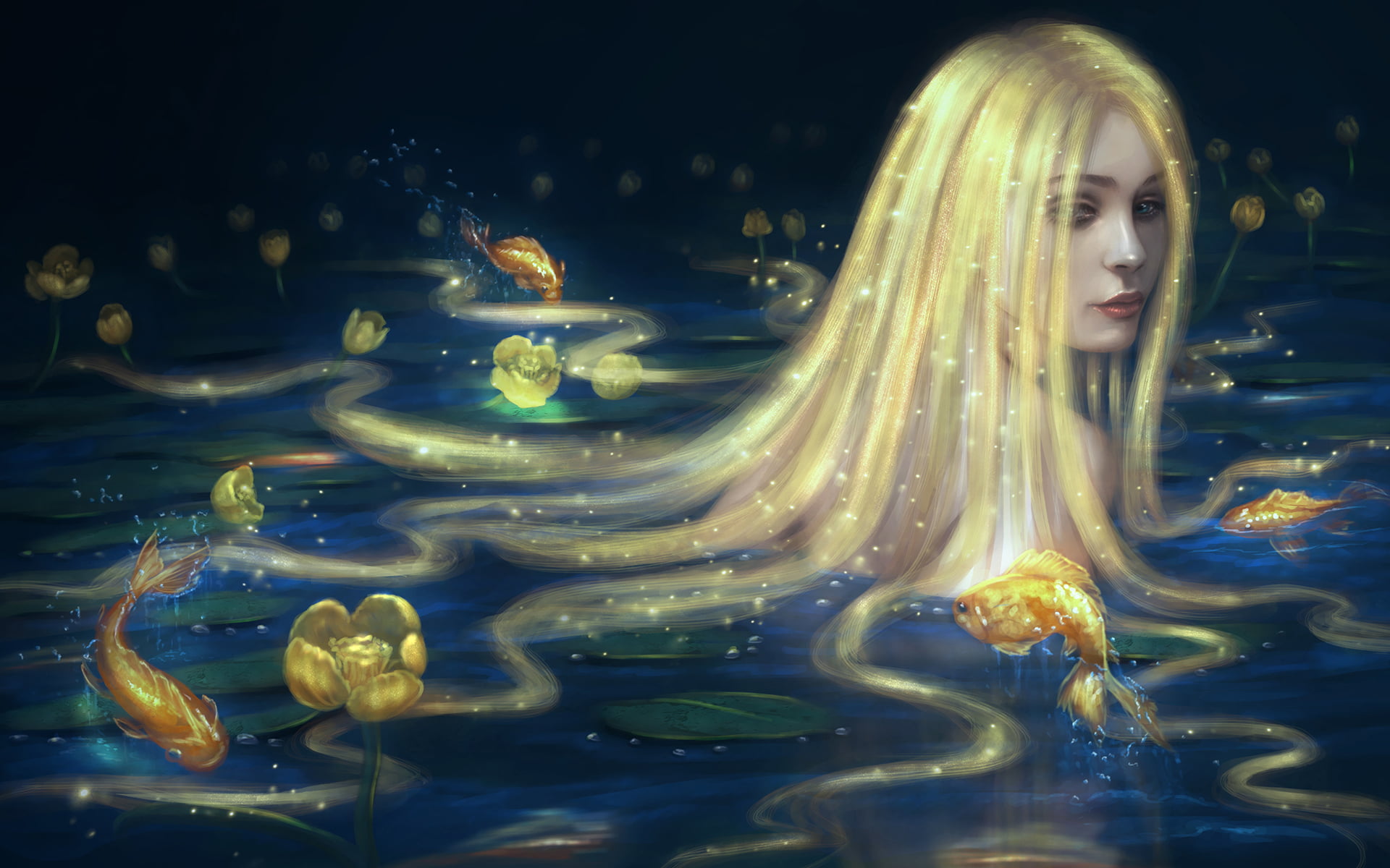 profile of woman gold hair, look, water, girl, fish, mermaid