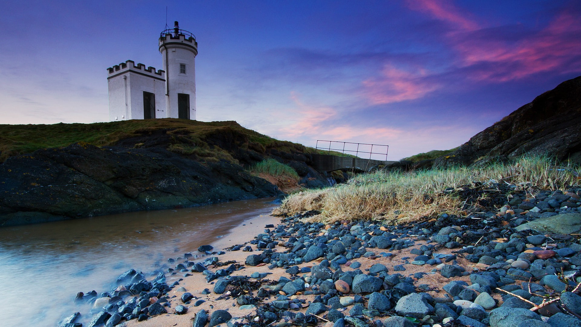 architecture, bridge, clouds, grass, Hill, landscape, Lighthouse