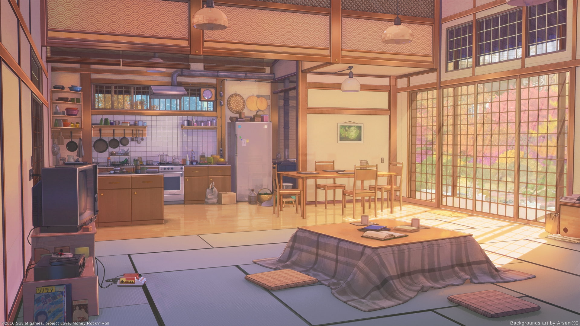anime room, kitchen, inside the building, kotatsu, scenic, sunshine