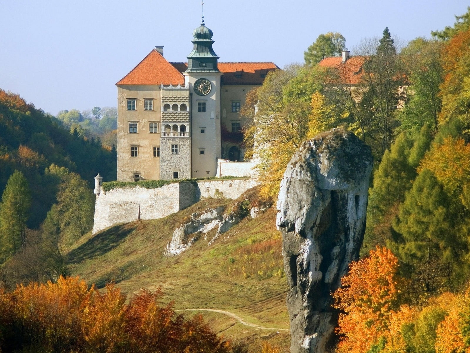 white and brown concrete house, castle, landscape, Pieskowa Skała