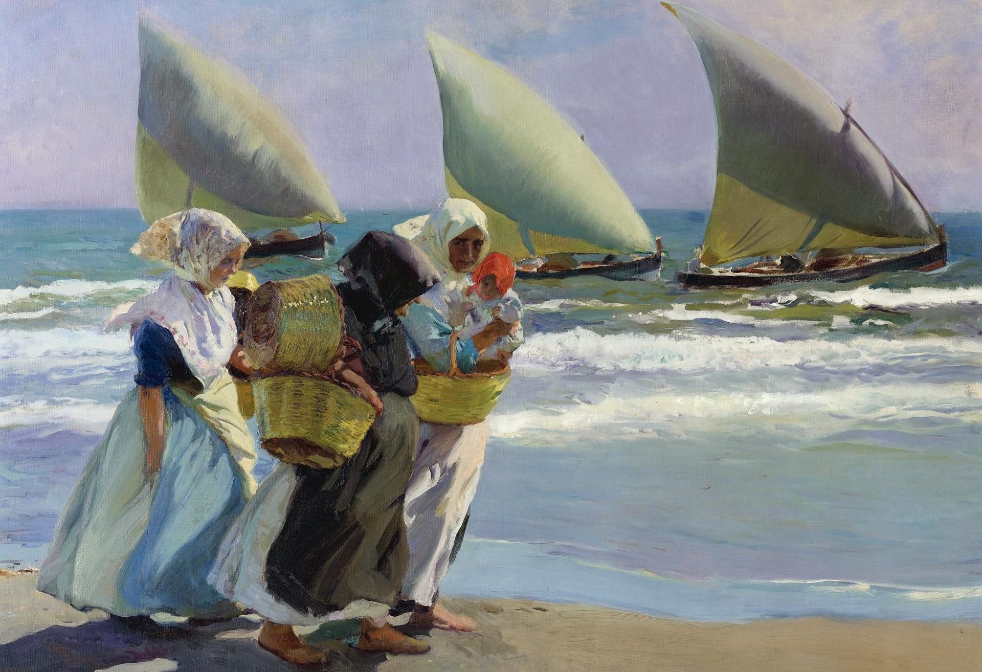 women, shore, boat, picture, sail, seascape, genre, Joaquin Sorolla