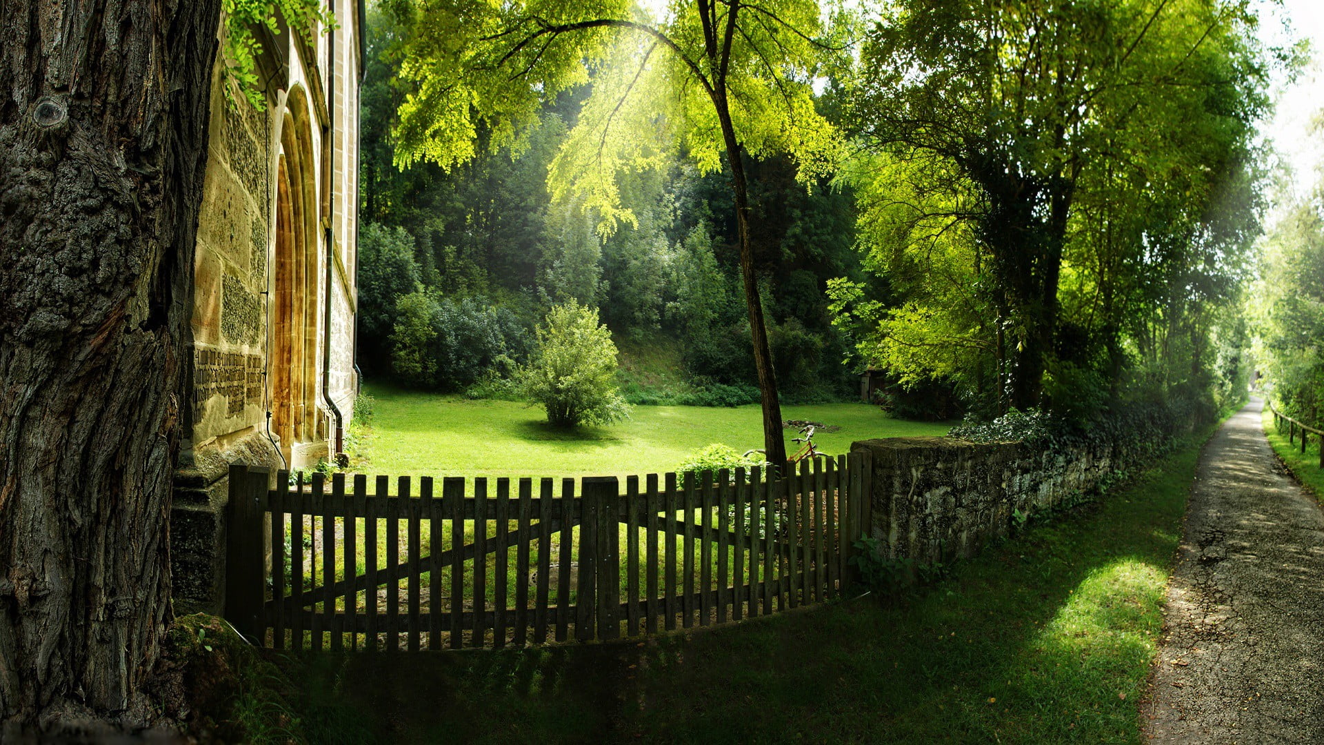 brown wooden fence, pathway, garden, trees, plant, tranquility