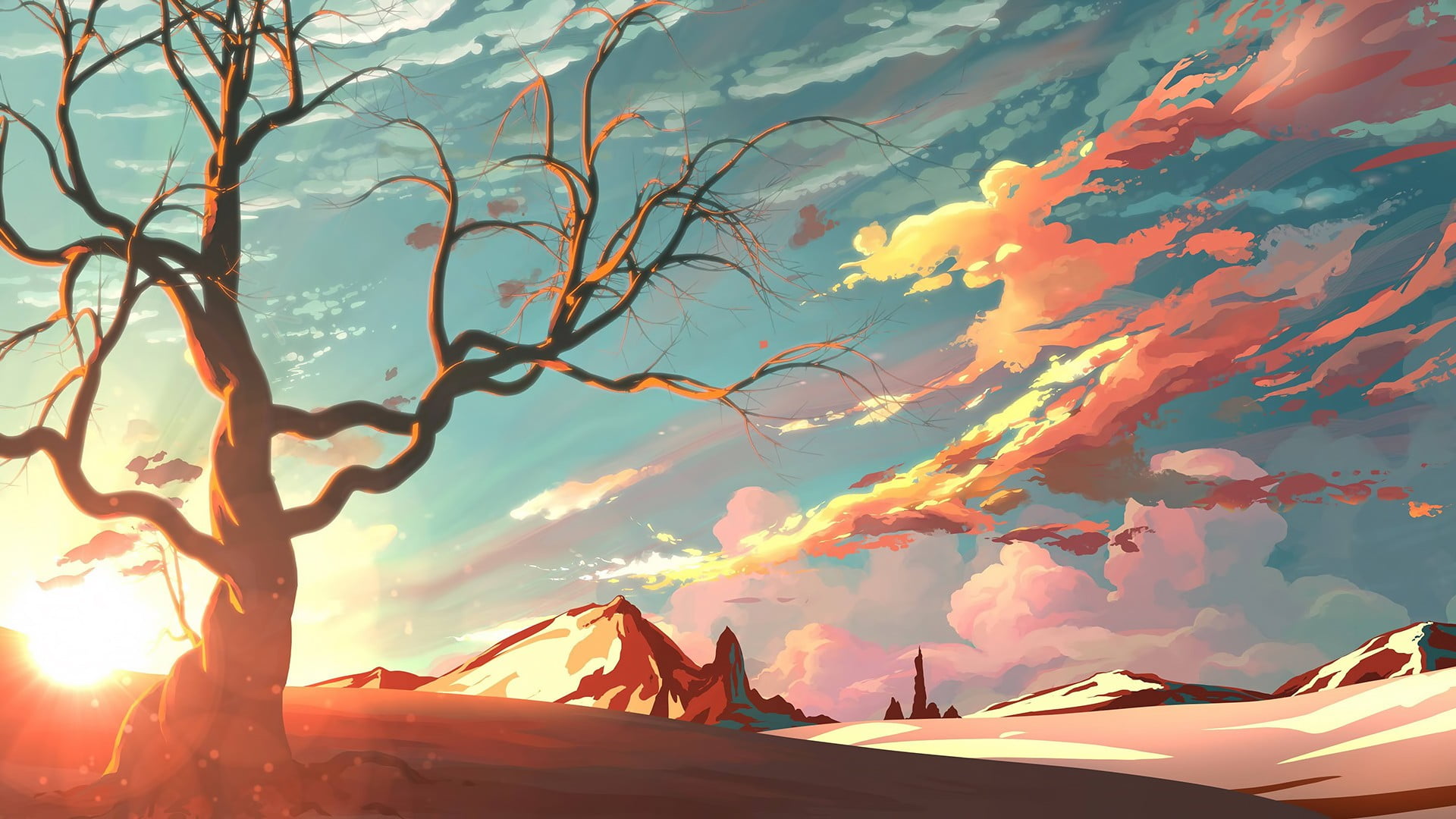 illustration of desert, animations, nature, sky, sunset, tree