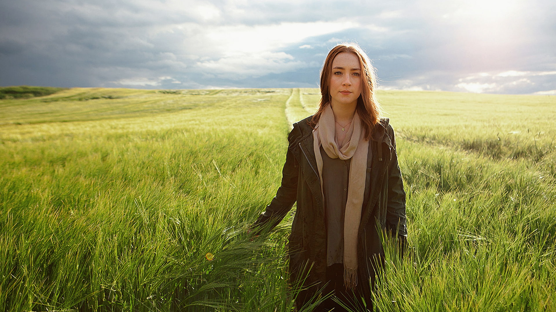 women's black full-zip jacket, field, the sky, grass, girl, actress