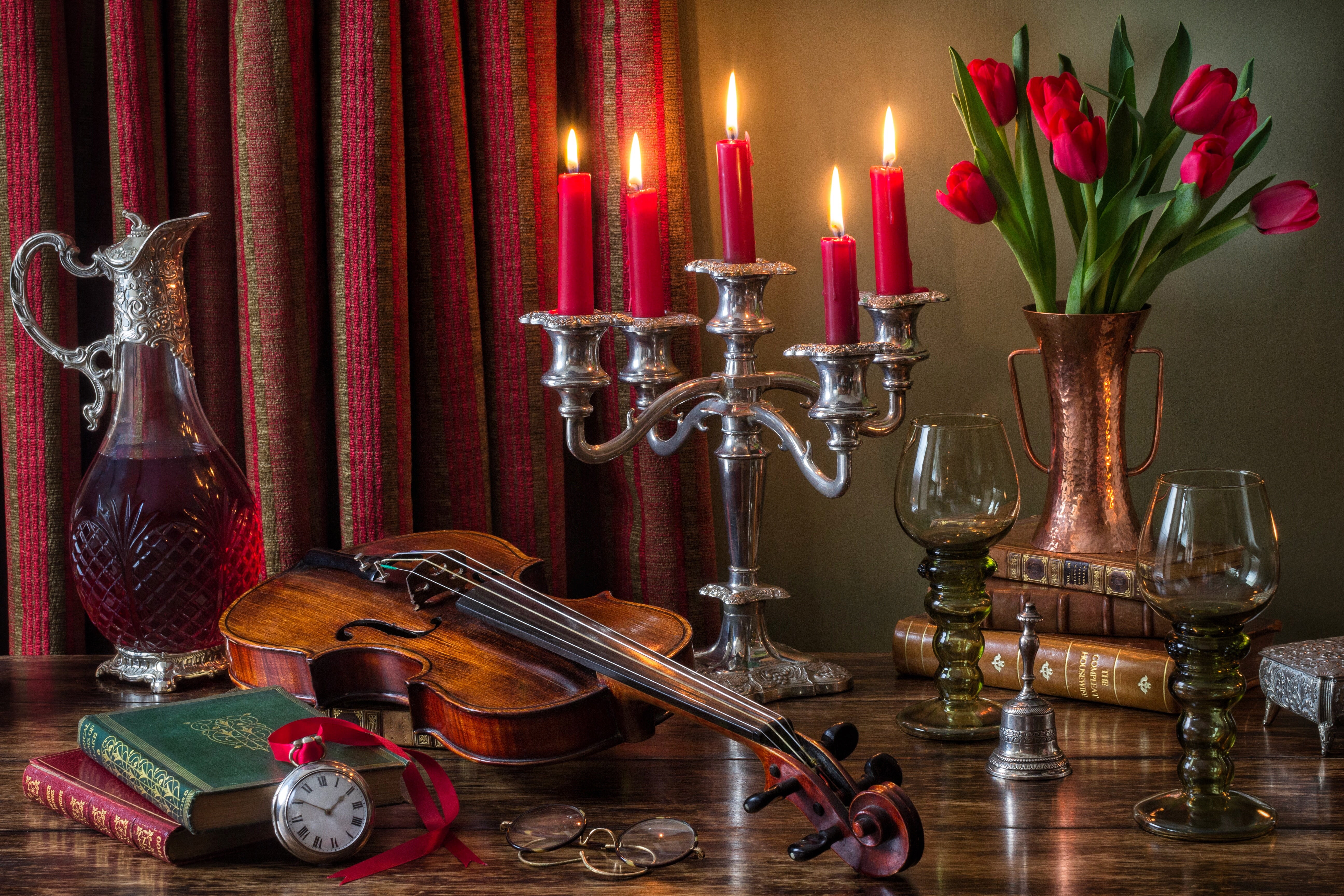 flowers, style, wine, violin, watch, books, candles, glasses