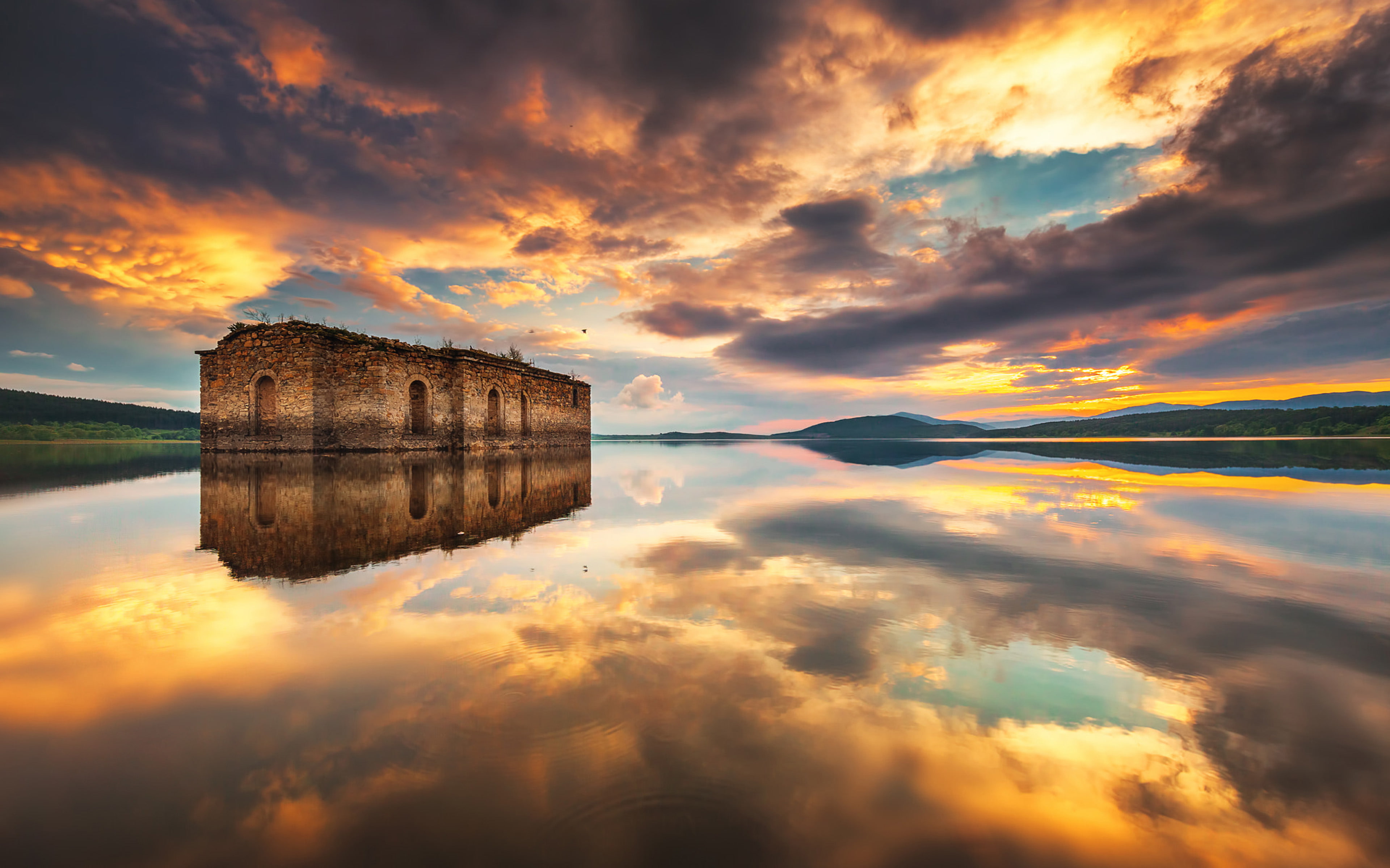 Dam Jebrechevo In Bulgaria Sunset Sky Red Clouds Abandoned Church Reflection In Water Hd Desktop Wallpapers For Computers Laptop Tablet And Mobile Phones