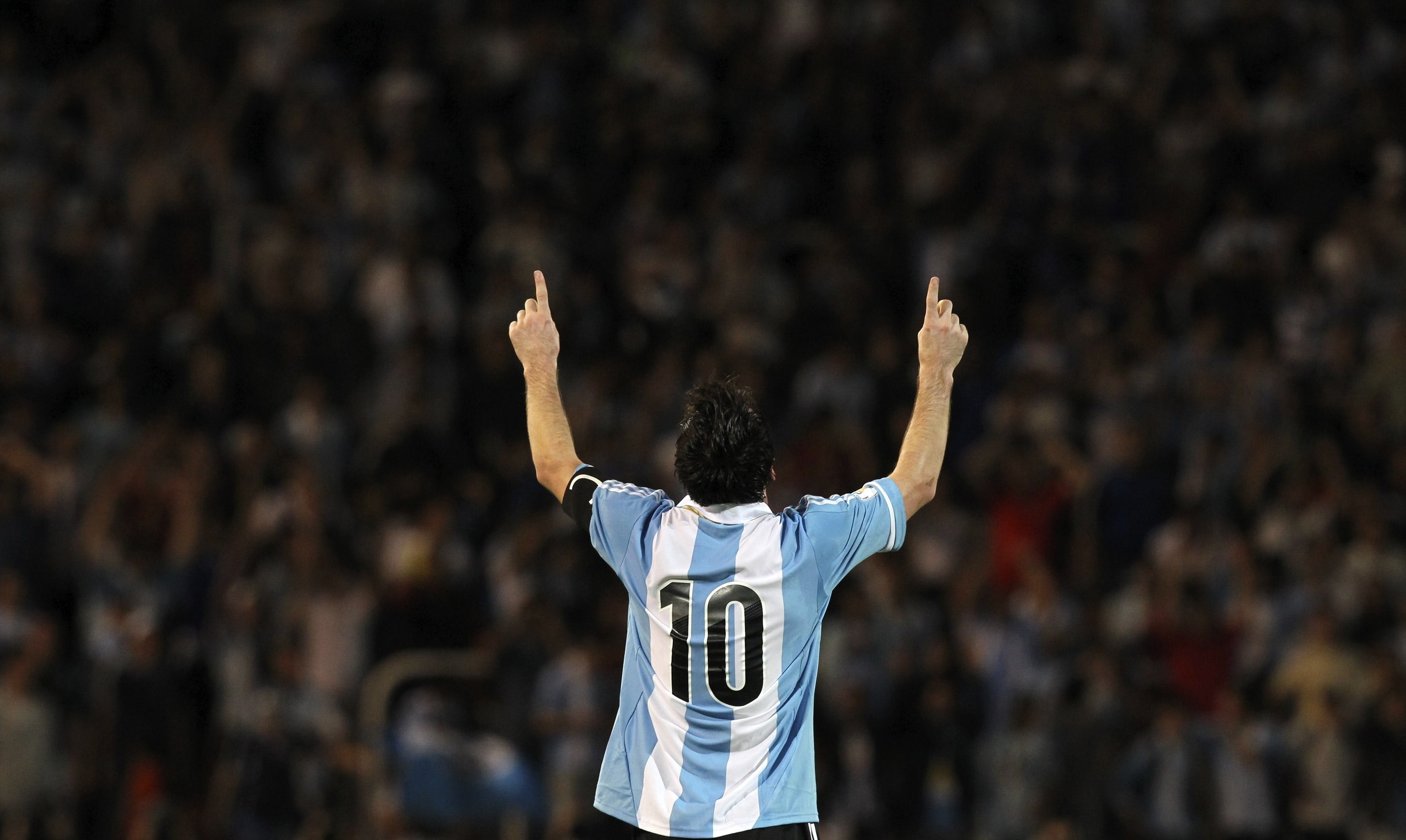Lionel Mesi raising arms, Lionel Messi, Argentina, soccer, human arm