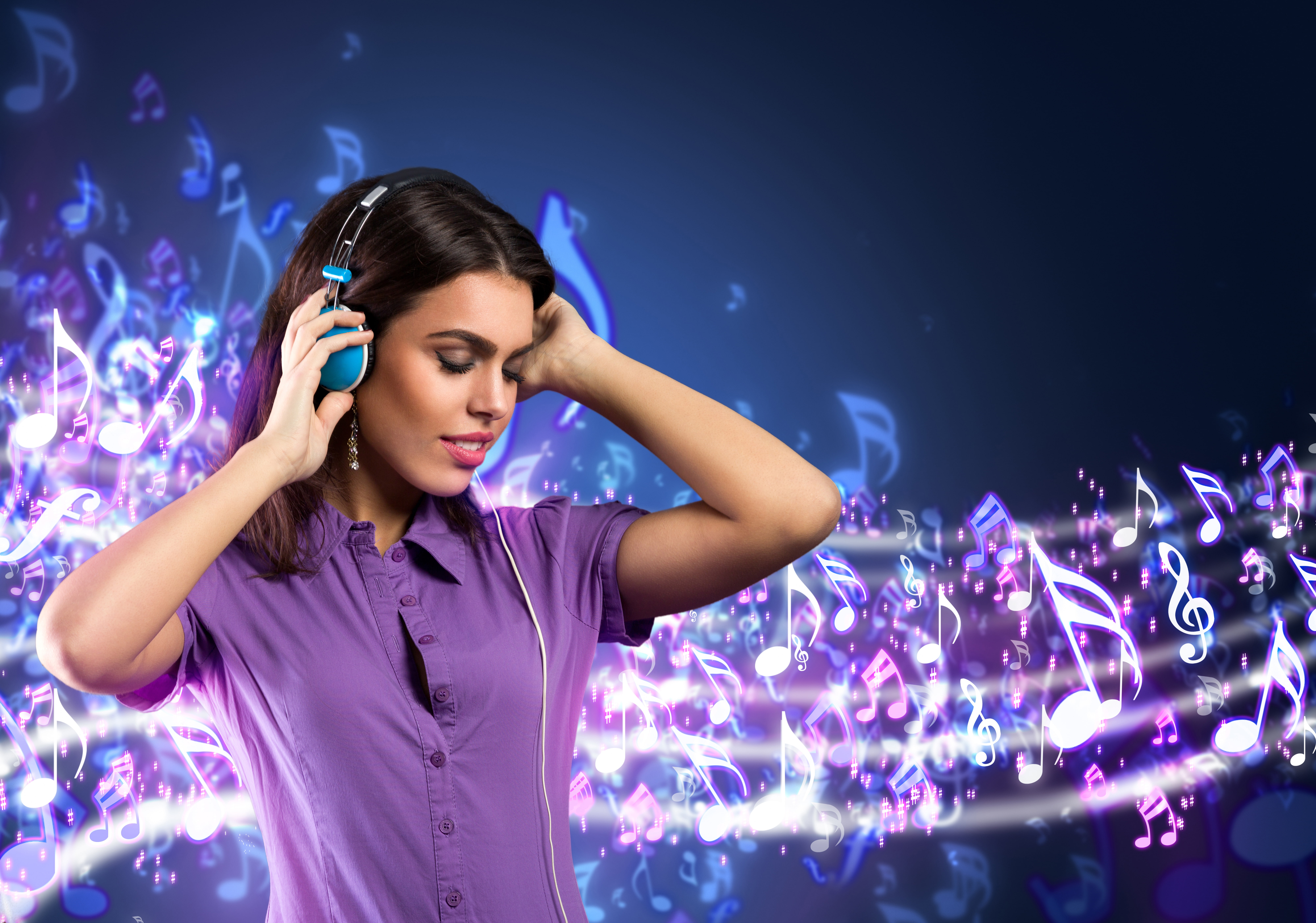women's purple cap-sleeved shirt, girl, music, background, headphones
