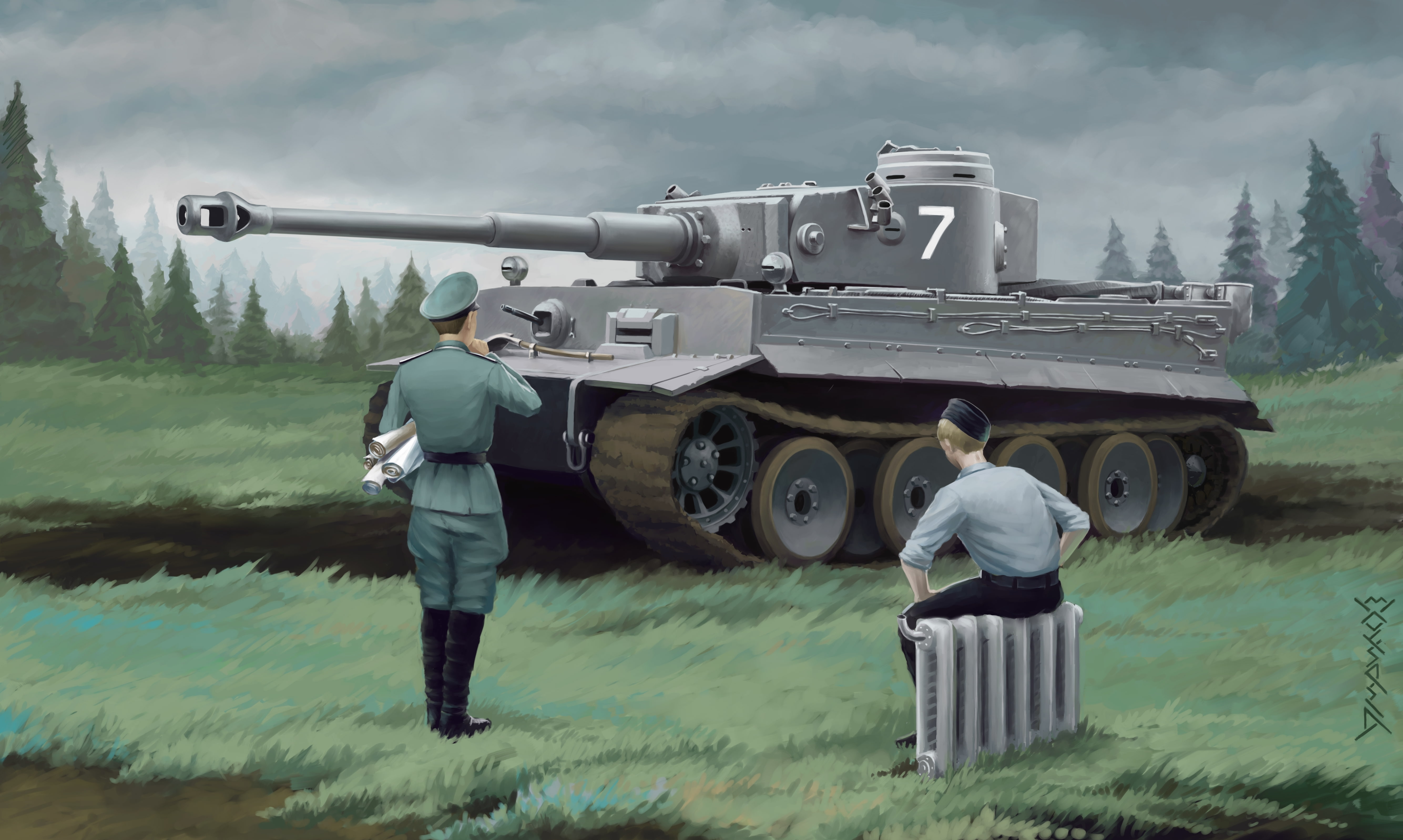 gray battle tank illustration, figure, Tiger, soldiers, Art, radiator