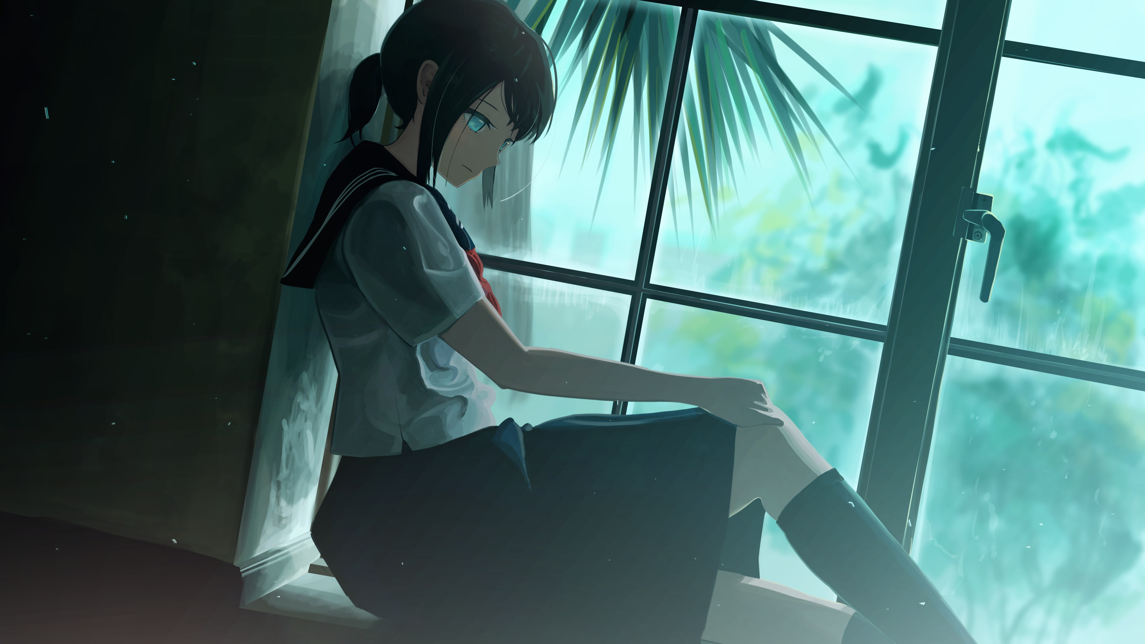 anime school girl, window, sits, profile view