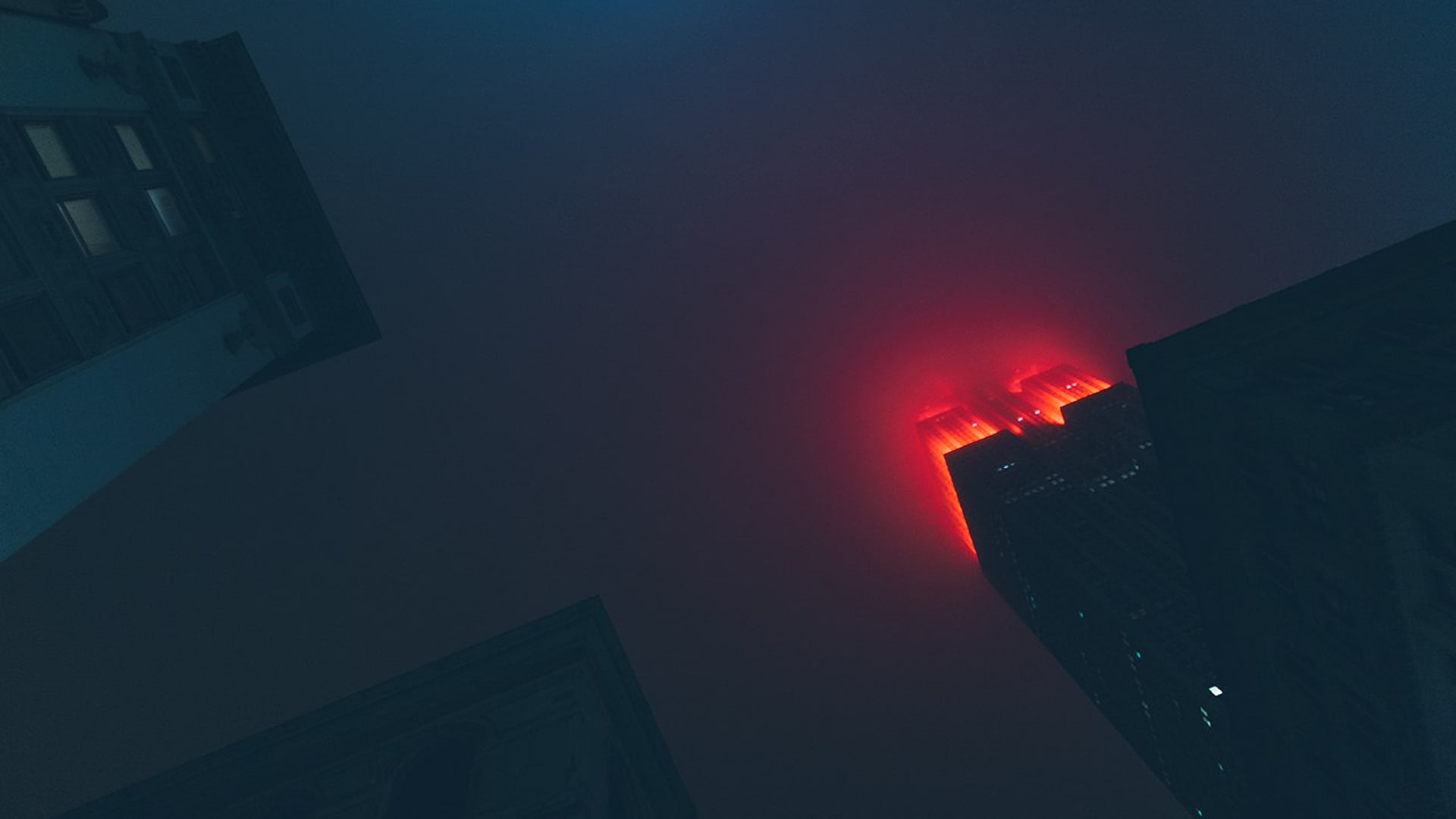 red lights, mist, night, skyscraper, New York City, building exterior