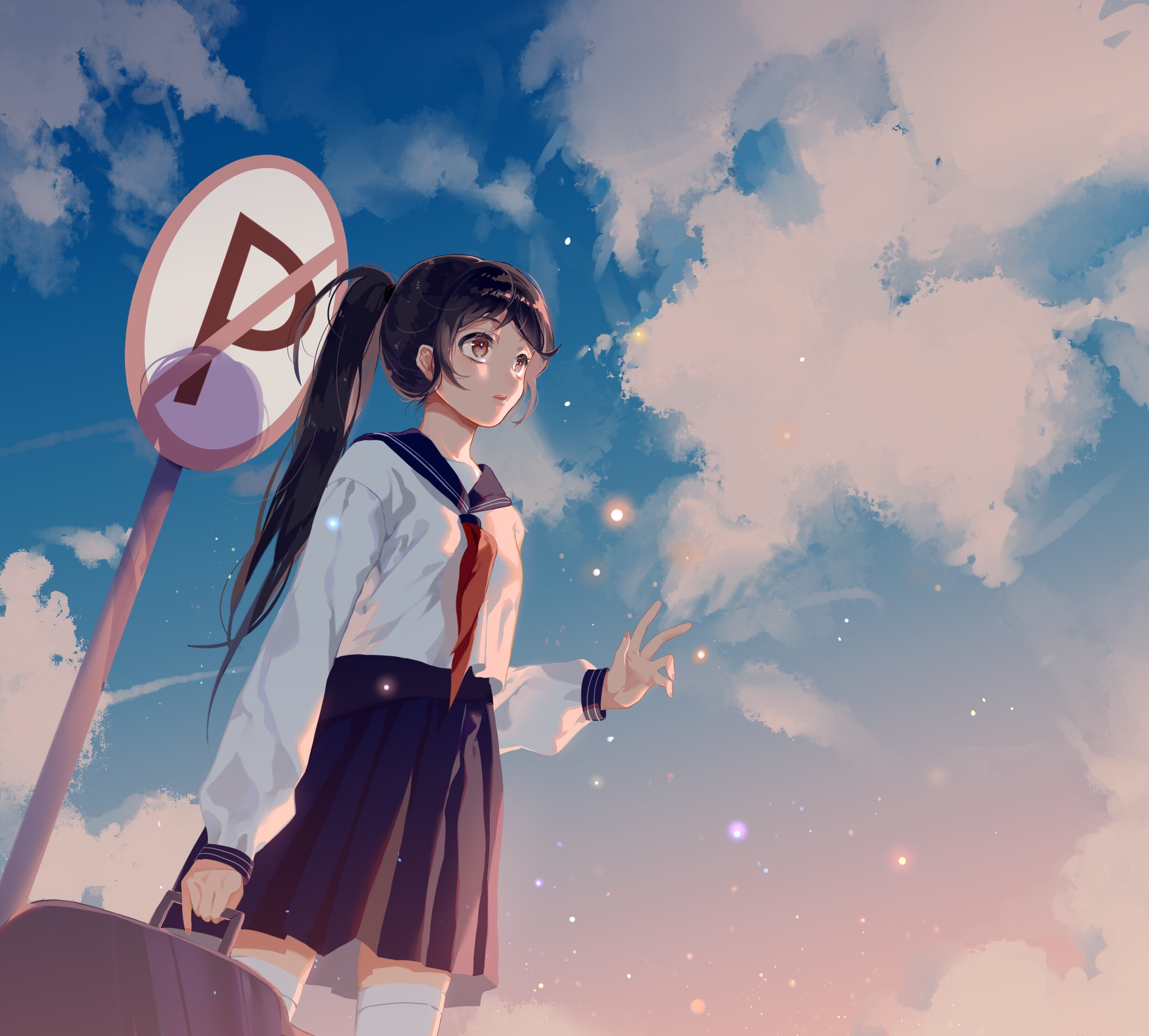 anime, anime girls, original characters, sky, clouds, long hair