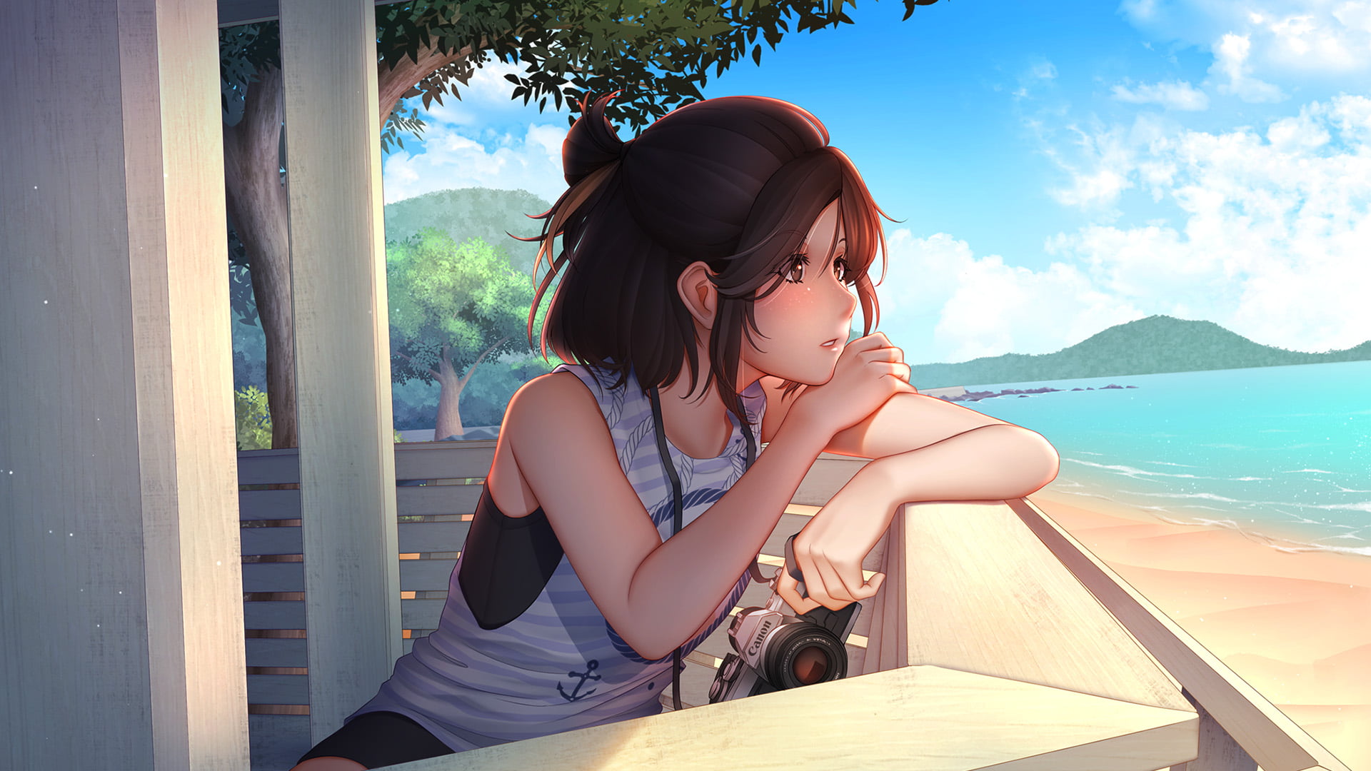 brown hair woman illustration, anime, anime girls, beach, summer