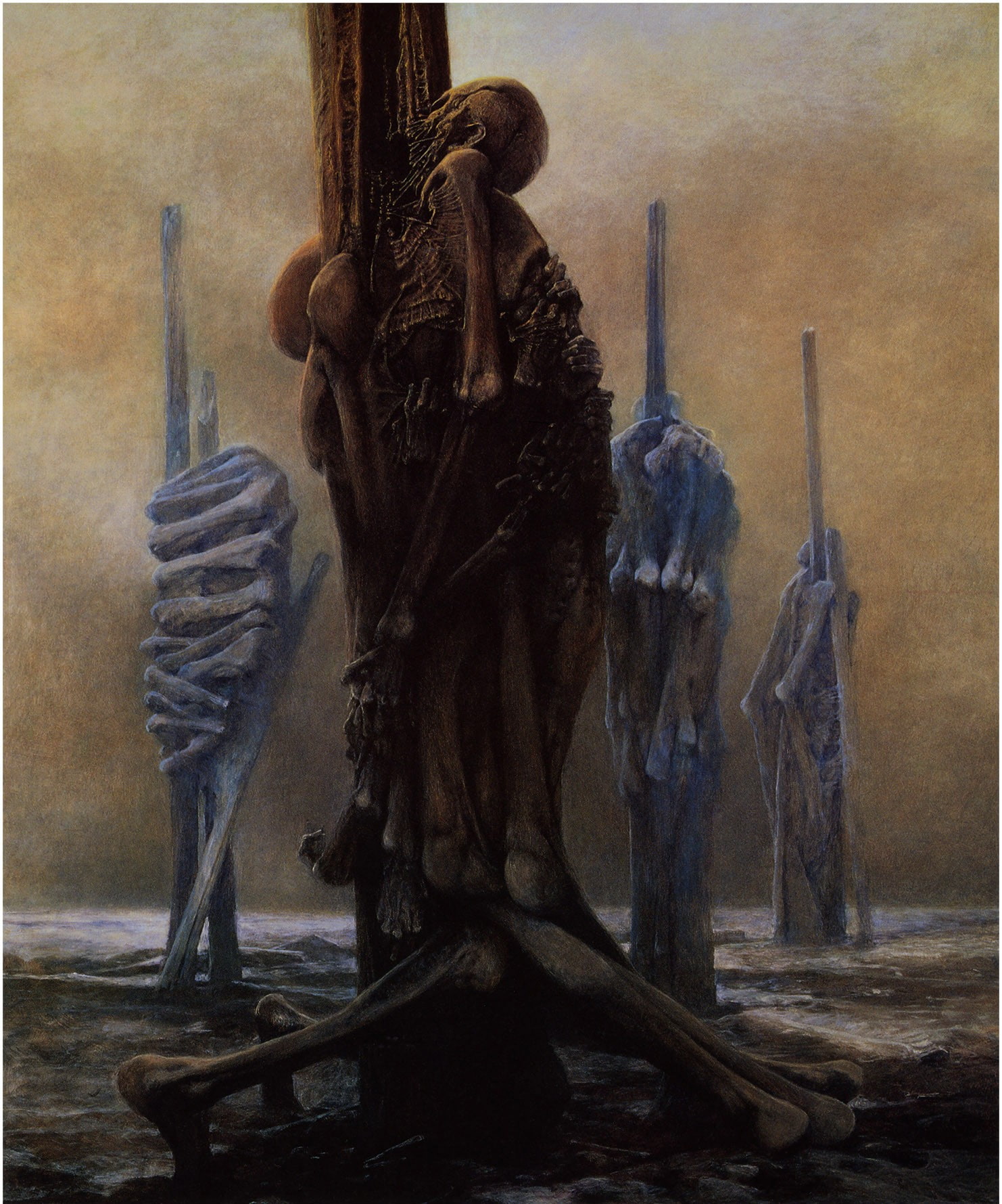 Zdzisław Beksiński, Artwork, Dark, Skeletons, Hanging Together, human skeleton on post illustration