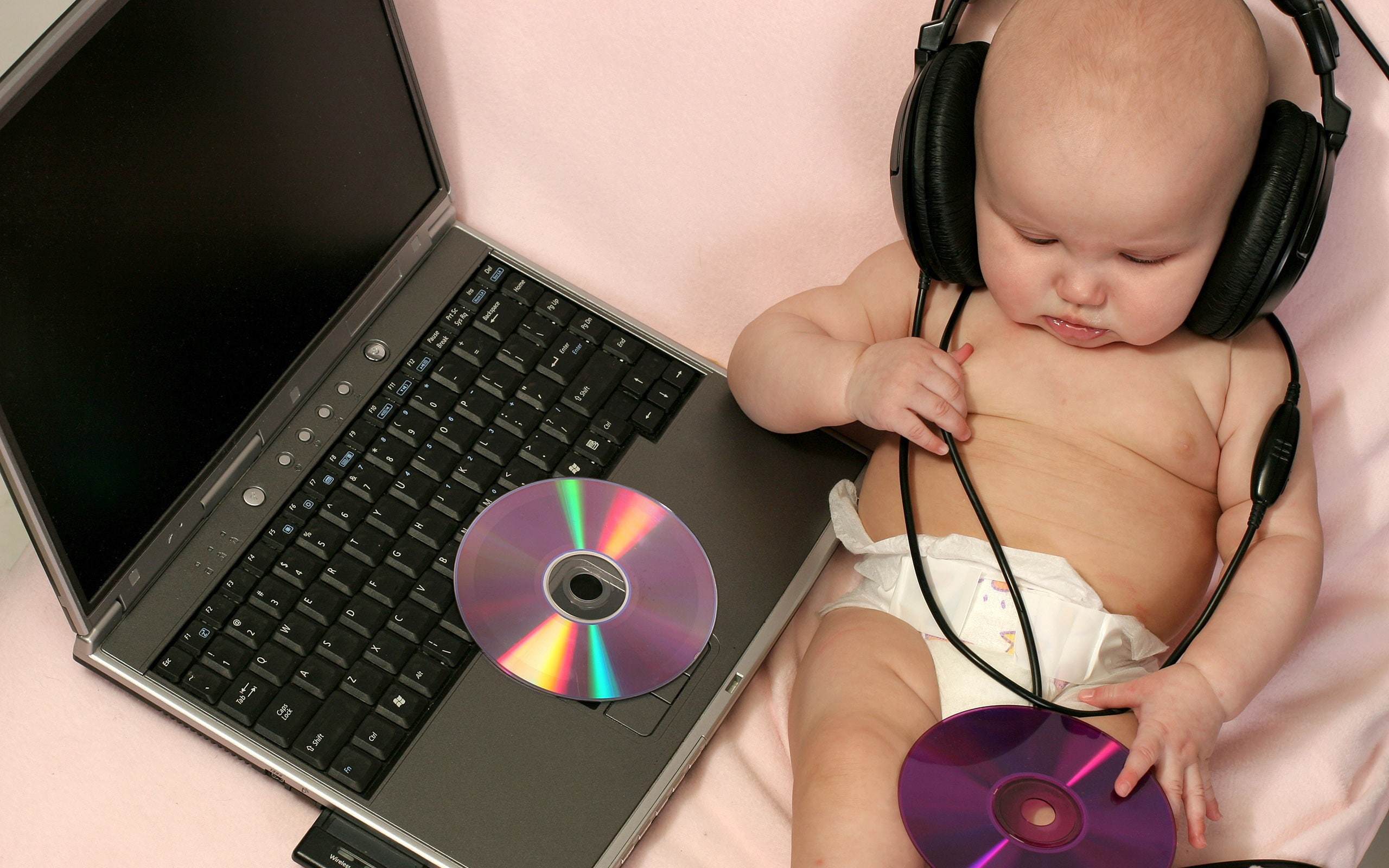 baby, disc, headphones, kids, laptops, music, technology