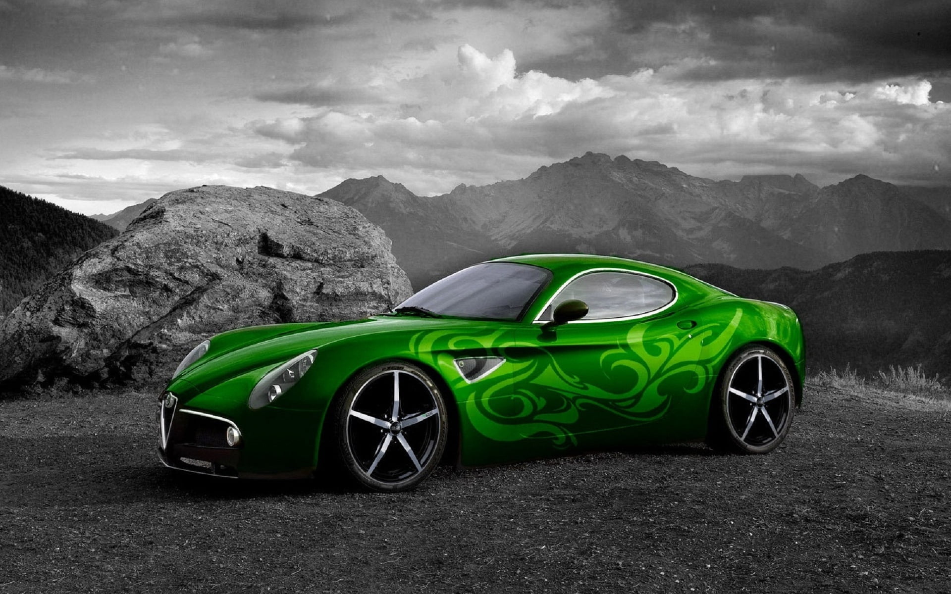 Green Alfa Romeo 8C, green ALFA ROMEO 4C coupe, Cars, mountain