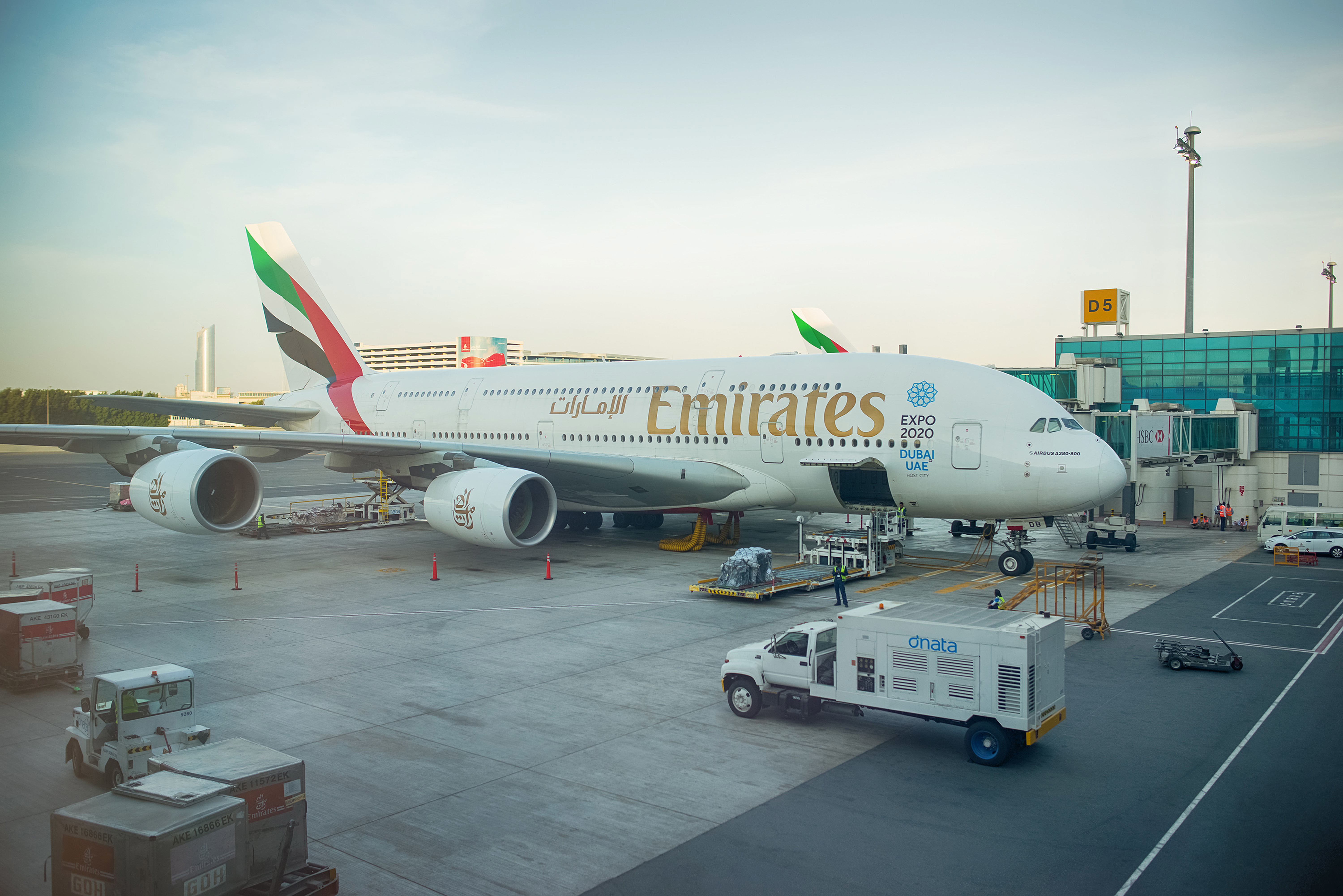 white Emirates passenger plane, the plane, giant, before, Dubai