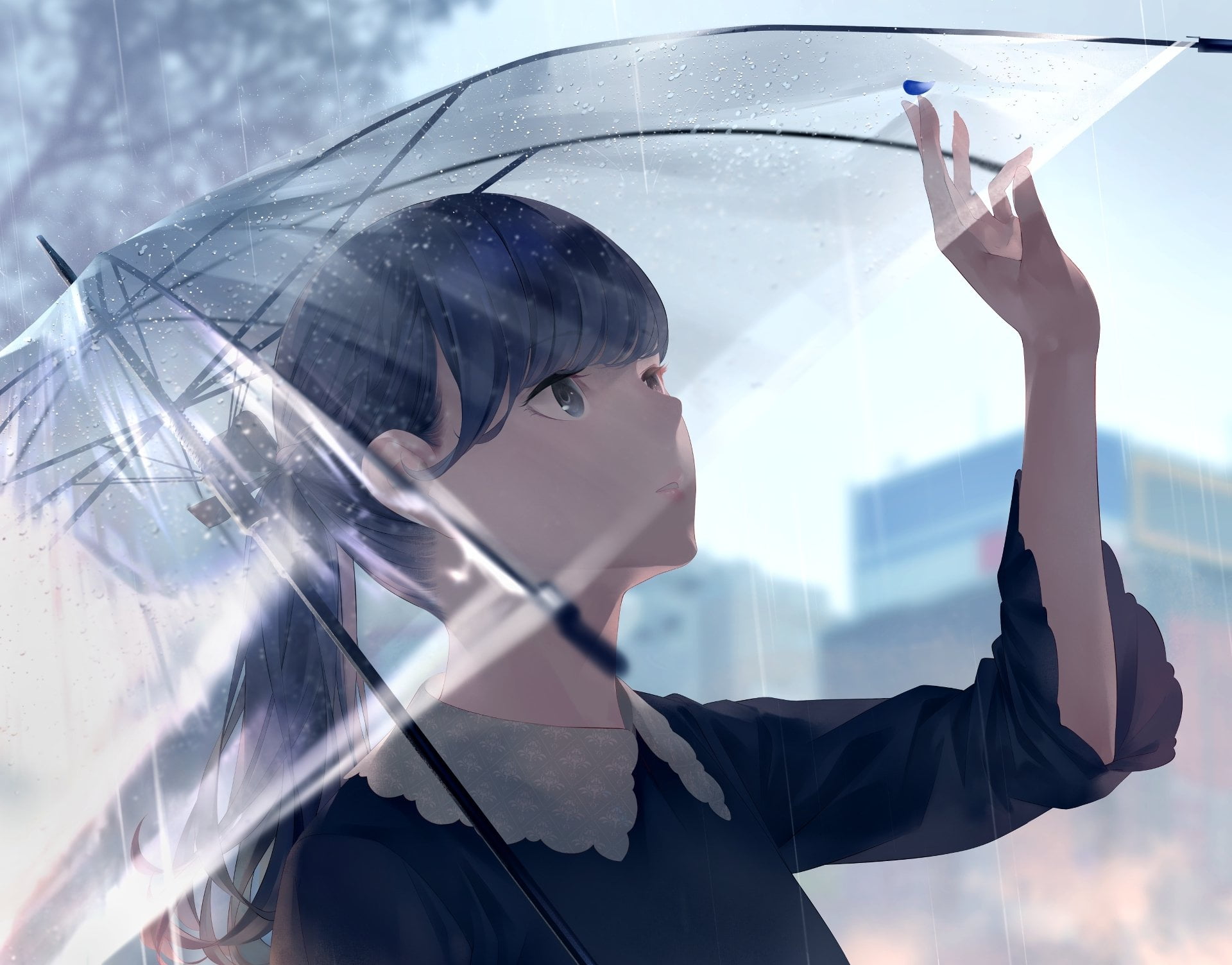 Anime, Original, one person, portrait, headshot, holding, umbrella