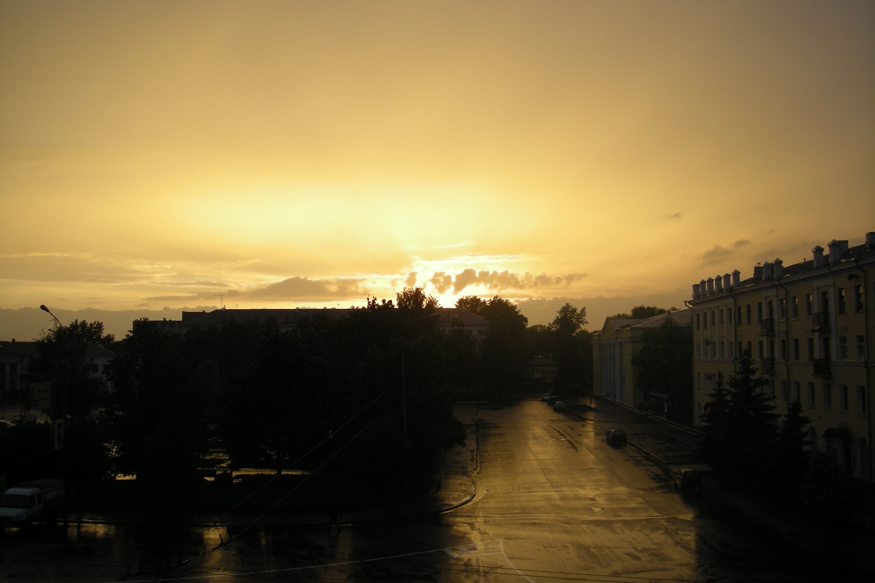 Russia, city, building, trees, sunset, sky, architecture, building exterior