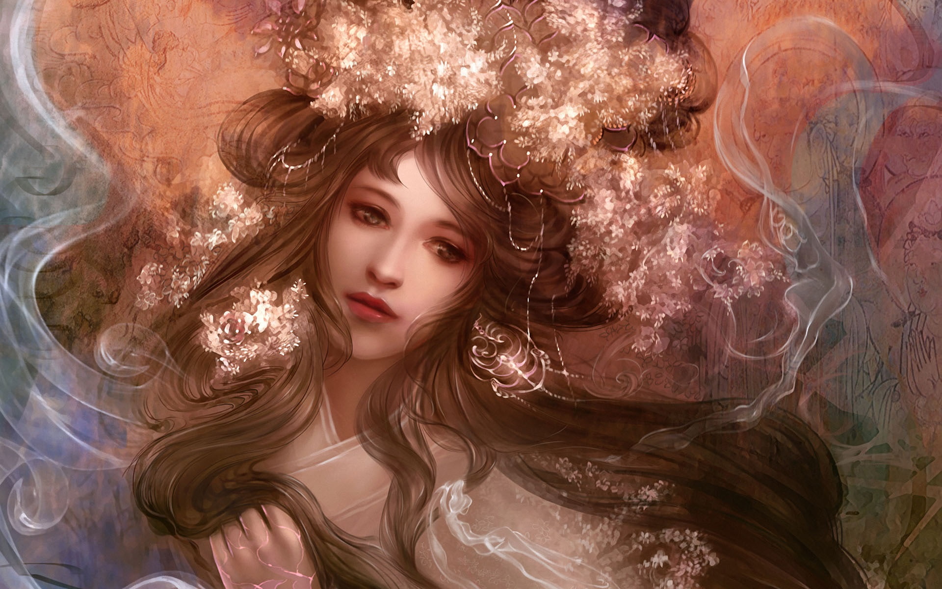 Art fantasy girl, hair, flowers, face, smoke