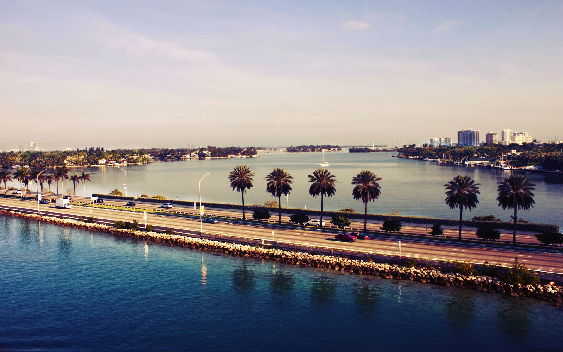 Miami, Florida, USA, sunset, water, road, city