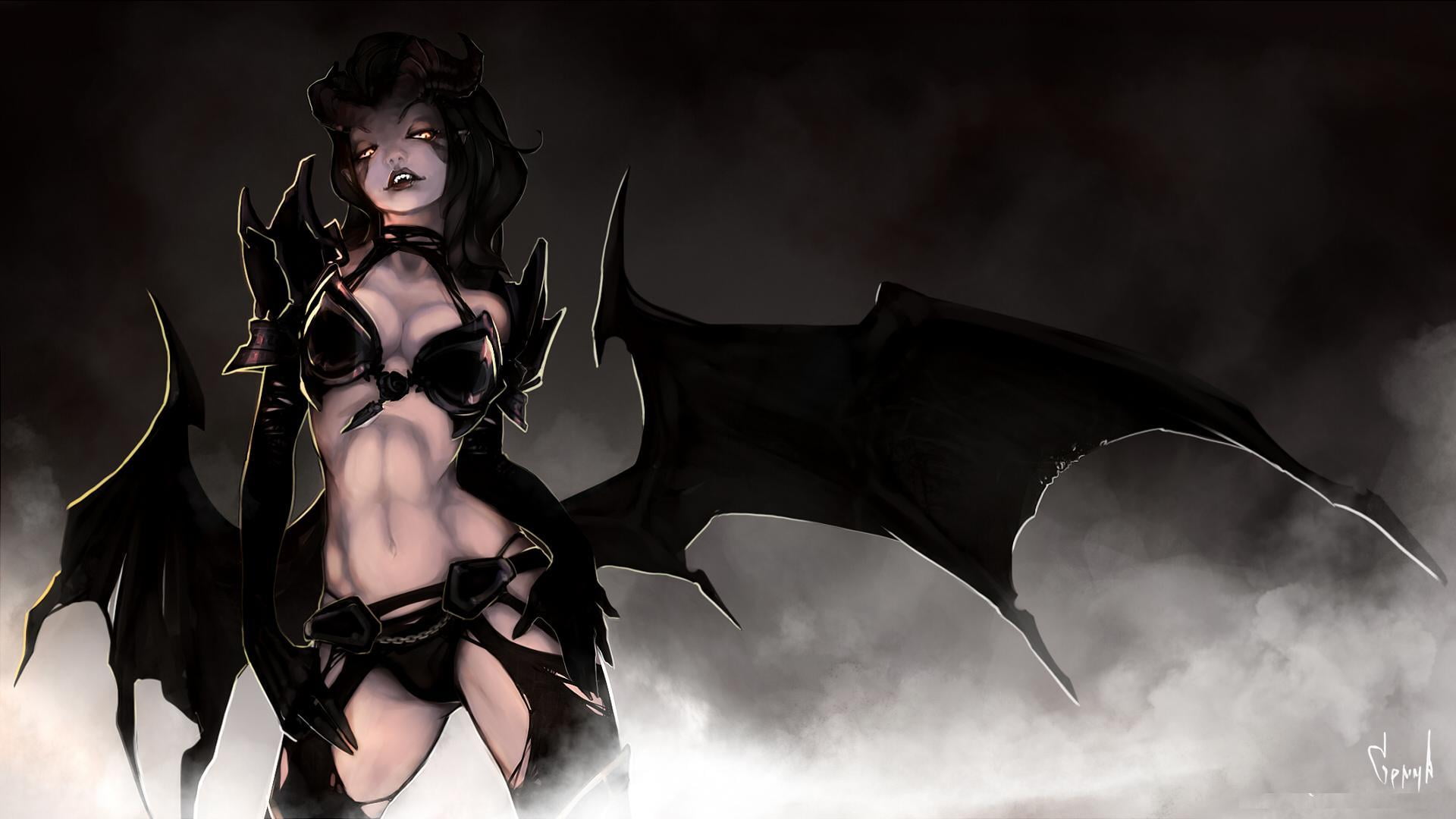 female game character, look, wings, art, horns, demoness, succubus