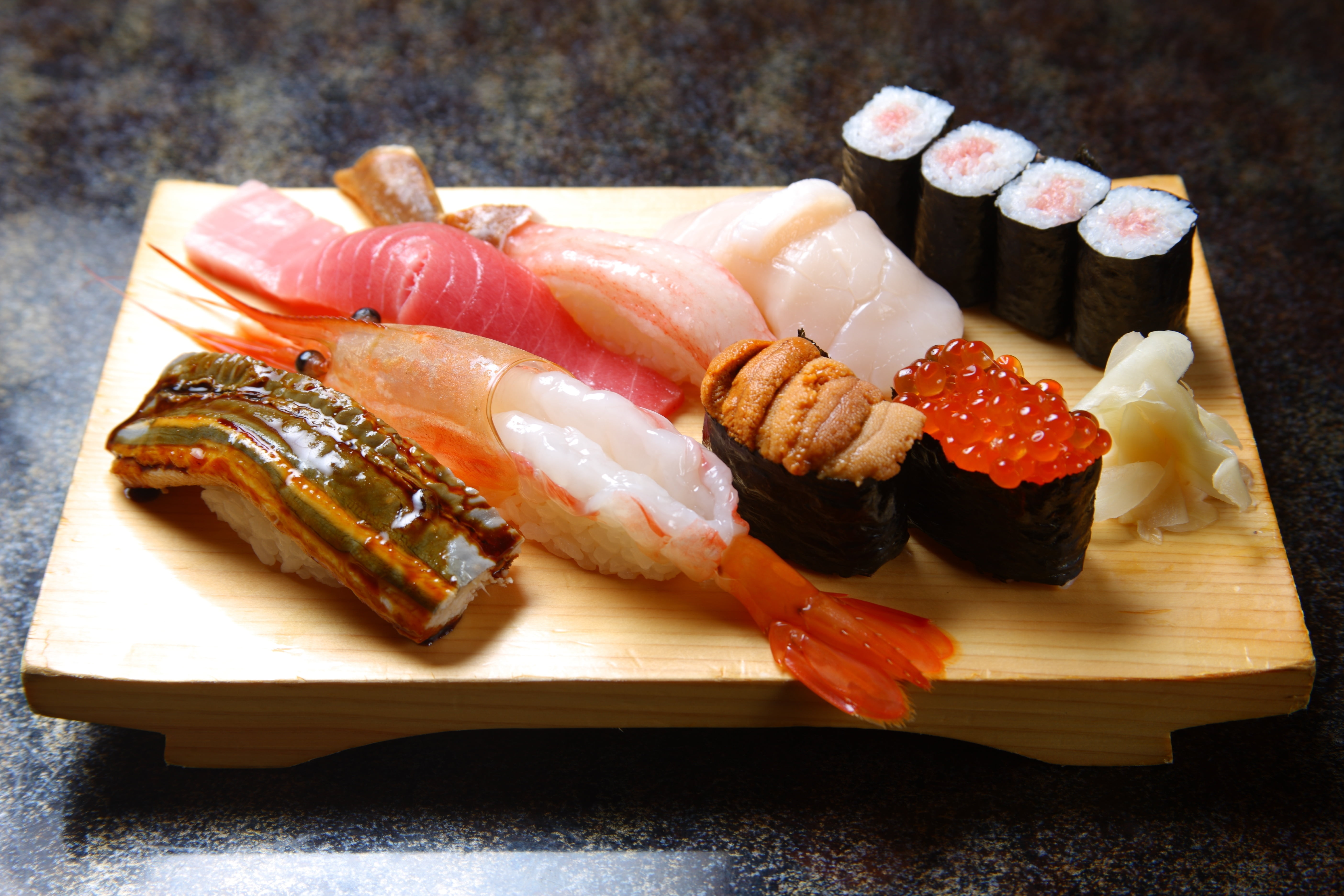sushi rollls, fish, board, rolls, rice, salmon roe, shrimp, food
