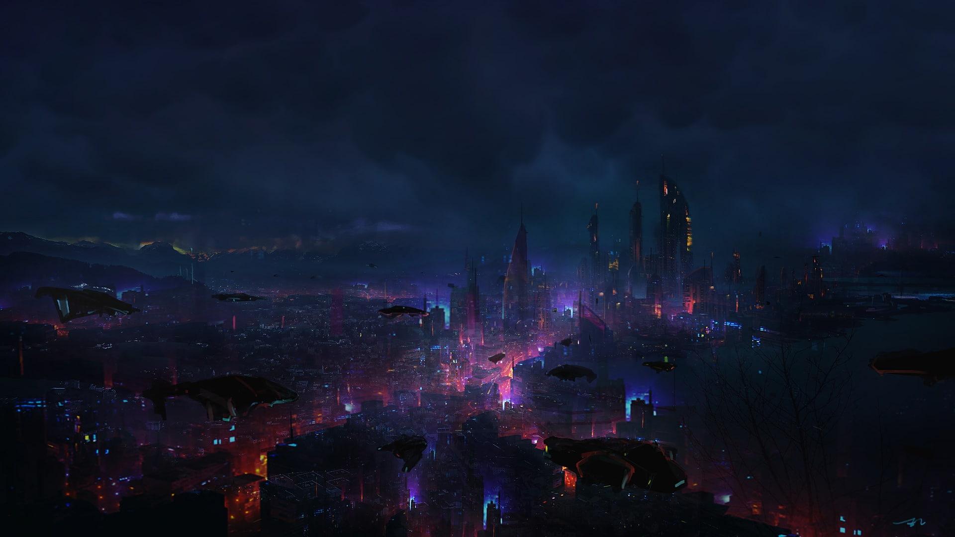 dark, futuristic city, digital art, science fiction, Eric Lee