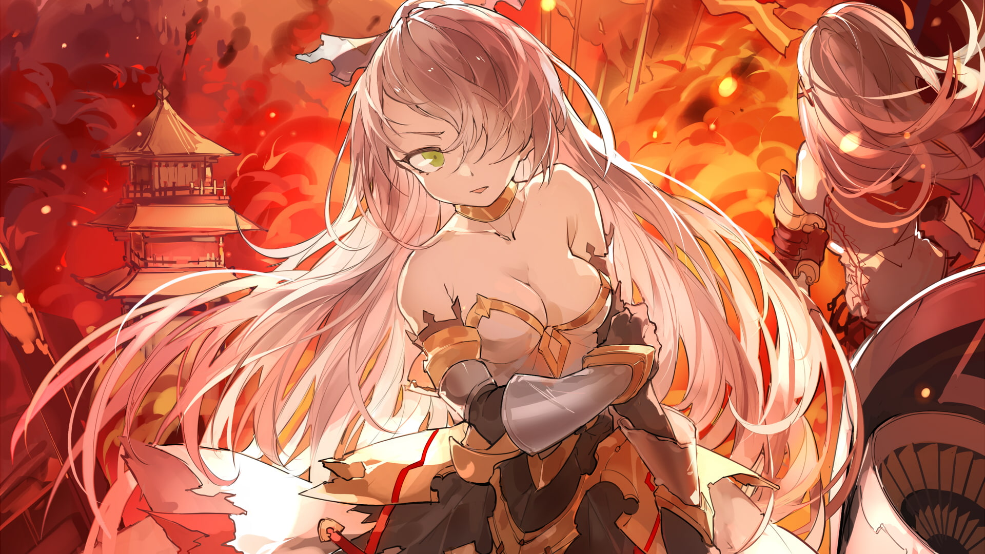 anime, anime girls, green eyes, fire, red flame, city, armor