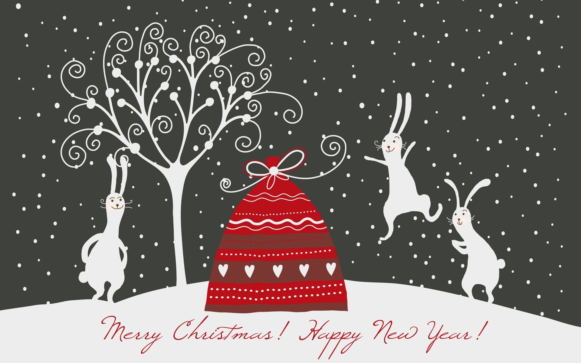red drawstring bag illustration, Christmas, rabbits, a bag with gifts