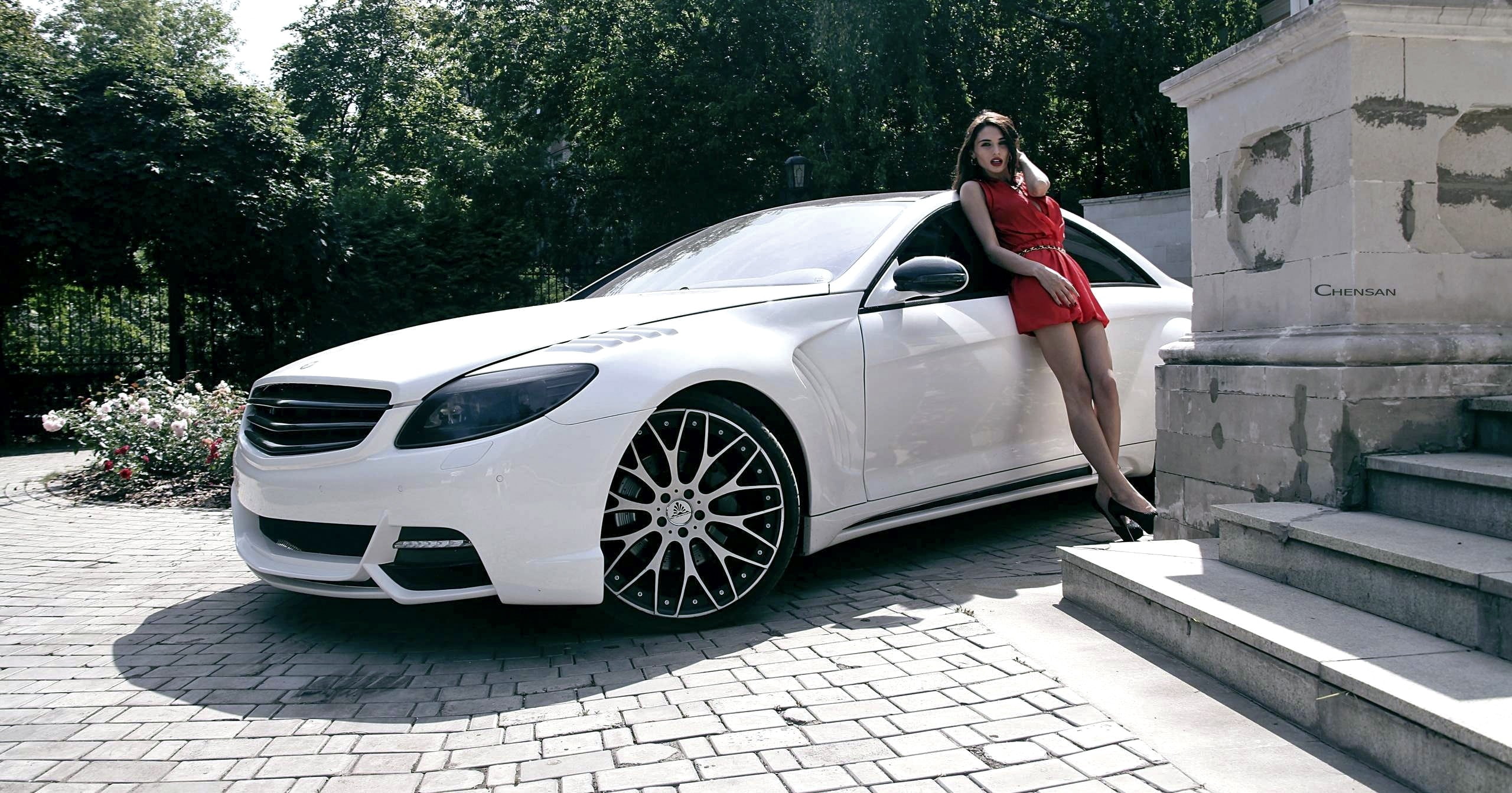 Mercedes-Benz, CL-Class, C216, white coupe, girl, Mercedes coupe