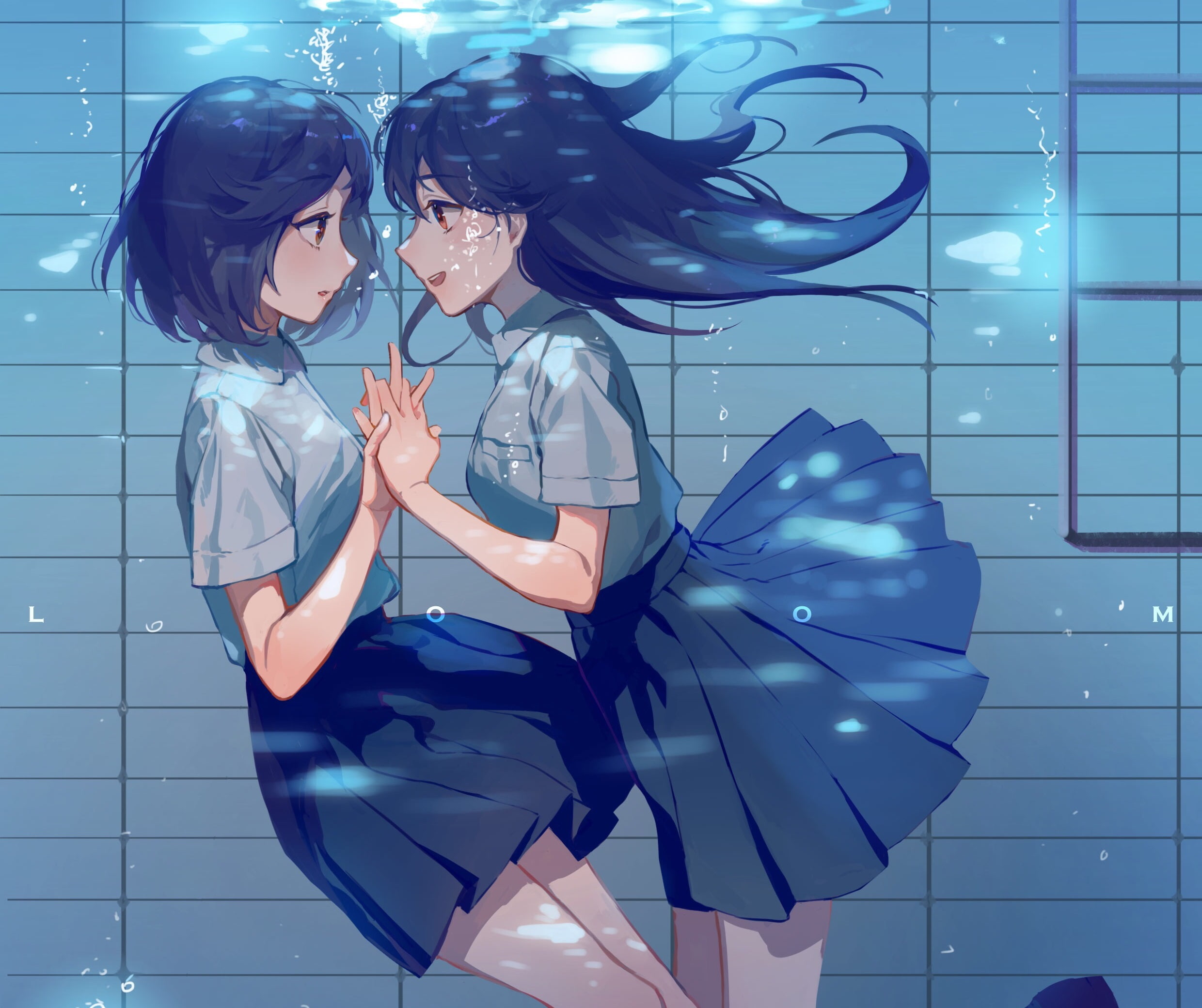 anime, anime girls, underwater, dark hair, holding hands