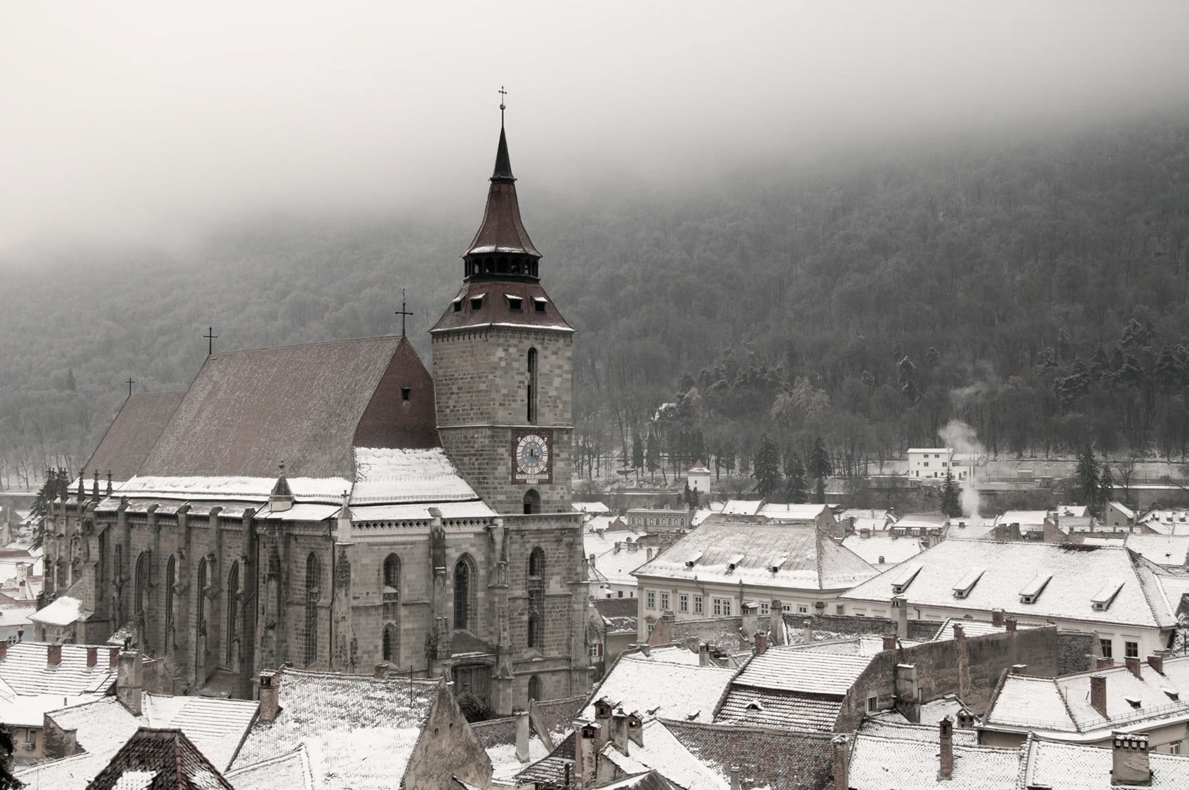 Brasov, church, city, Romania, snow