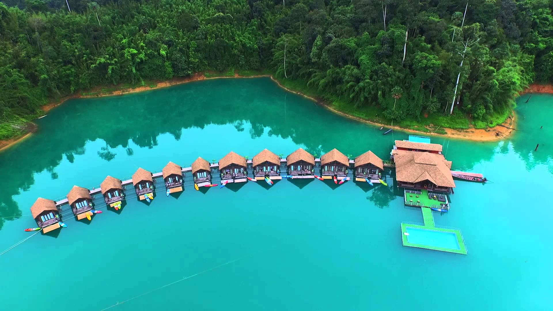 Cheow Lan Lake Khao Sok National Park Thailand Rai Floating Resort Villa Room Floating Bungalow Houses In The Water View Of The Air 1920×1080