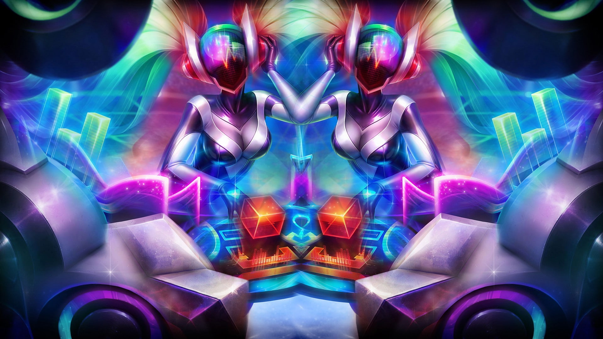 DJ Sona, League Of Legends, multi colored, illuminated, close-up