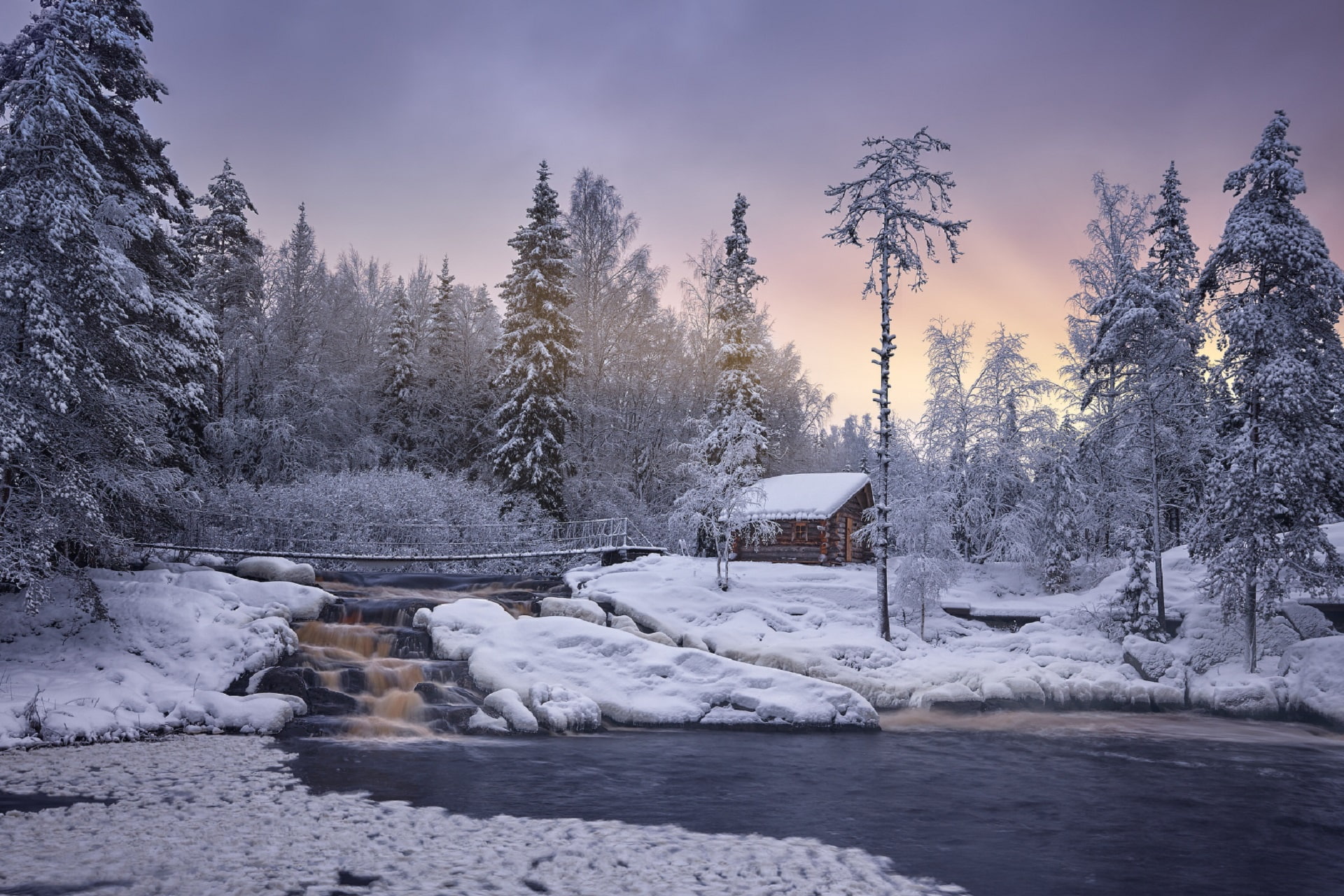 winter, snow, trees, bridge, waterfall, beauty, Karelia
