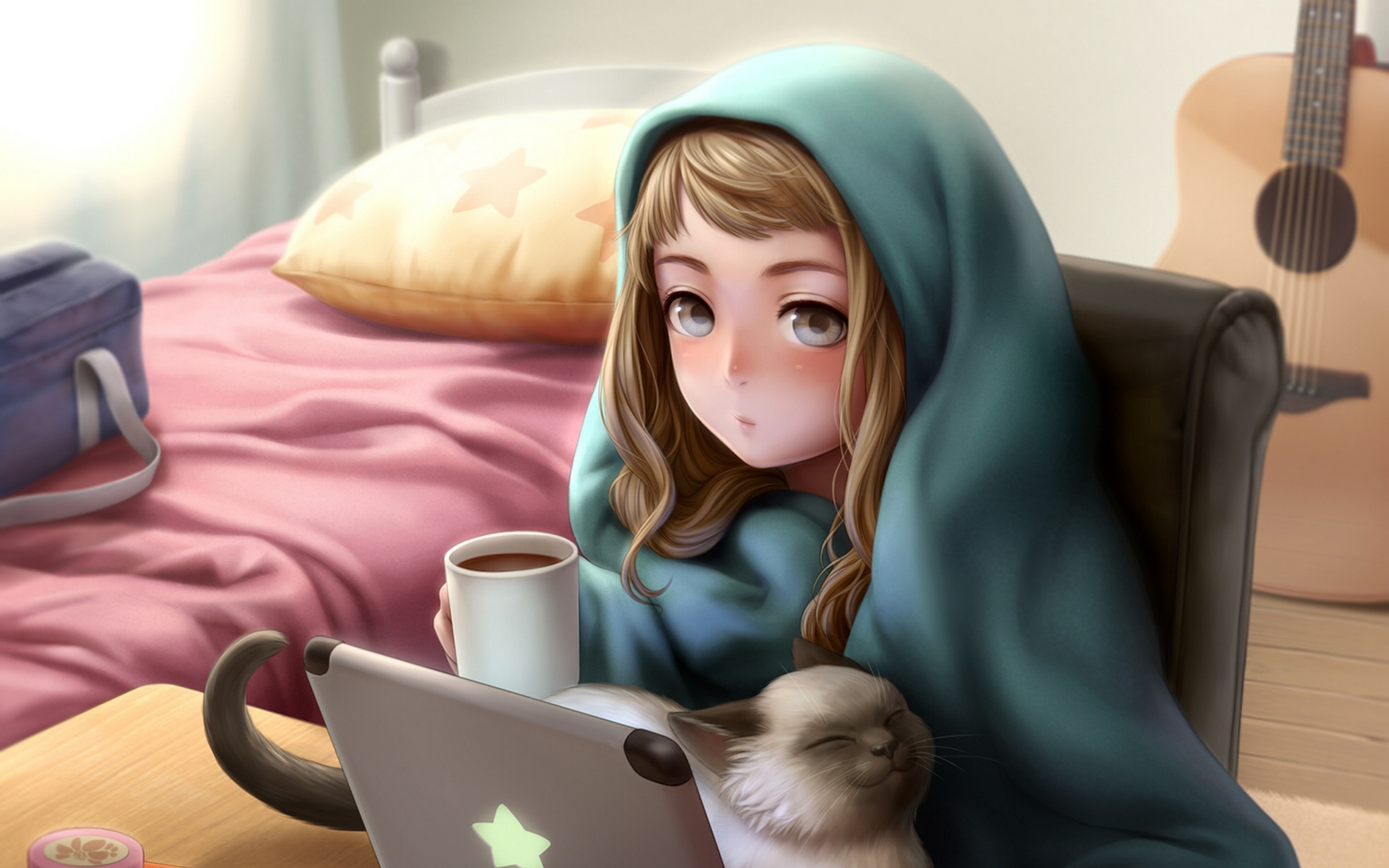 kotikomori, laptop backgrounds, cat, girl, download 3840x2400 kotikomori