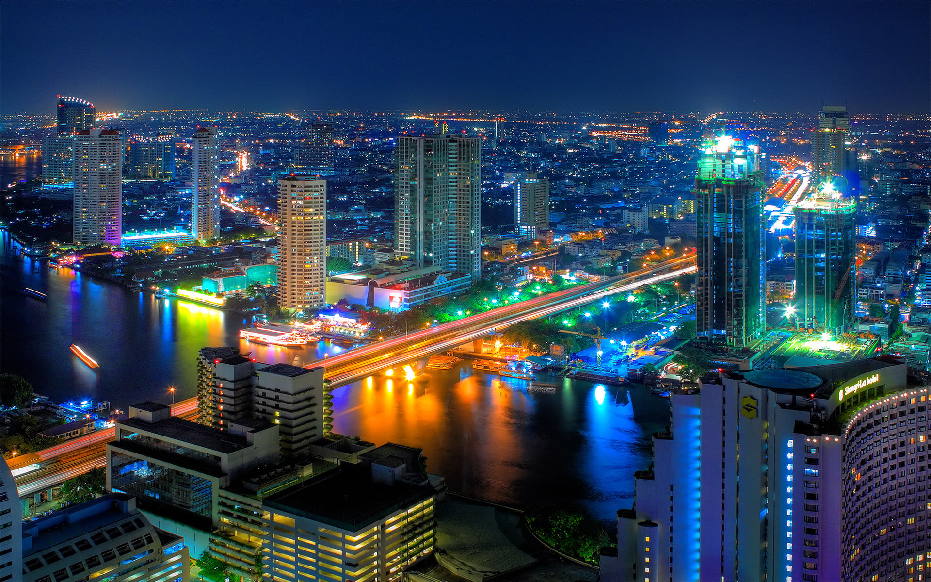 Bangkok Thailand Night Panorama Of The City River Bridge Street Lamps Lighted Buildings Wallpaper Hd 1920×1200