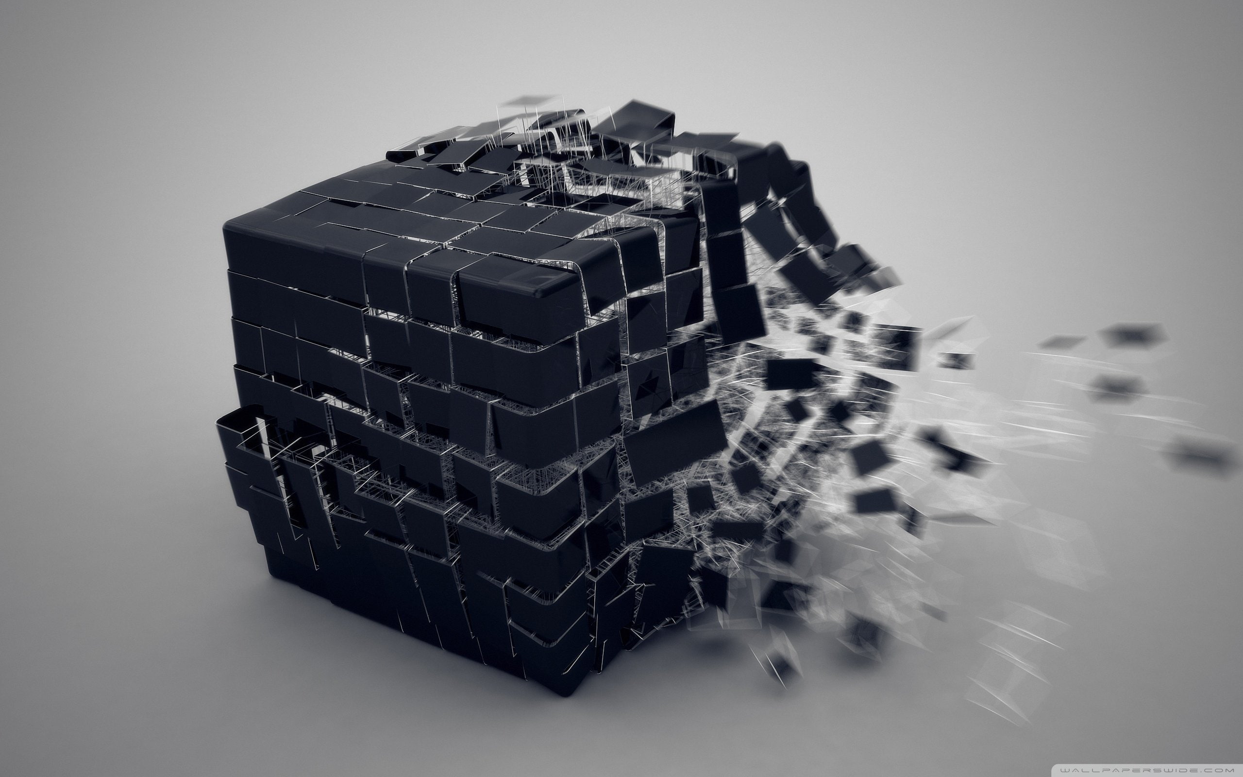 2560x1600 px, cube, exploding, studio shot, gray background