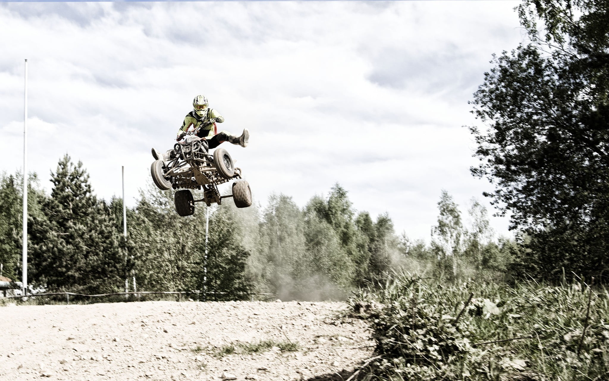 black ATV, forest, nature, sports, road, trees, grass, day, jumping