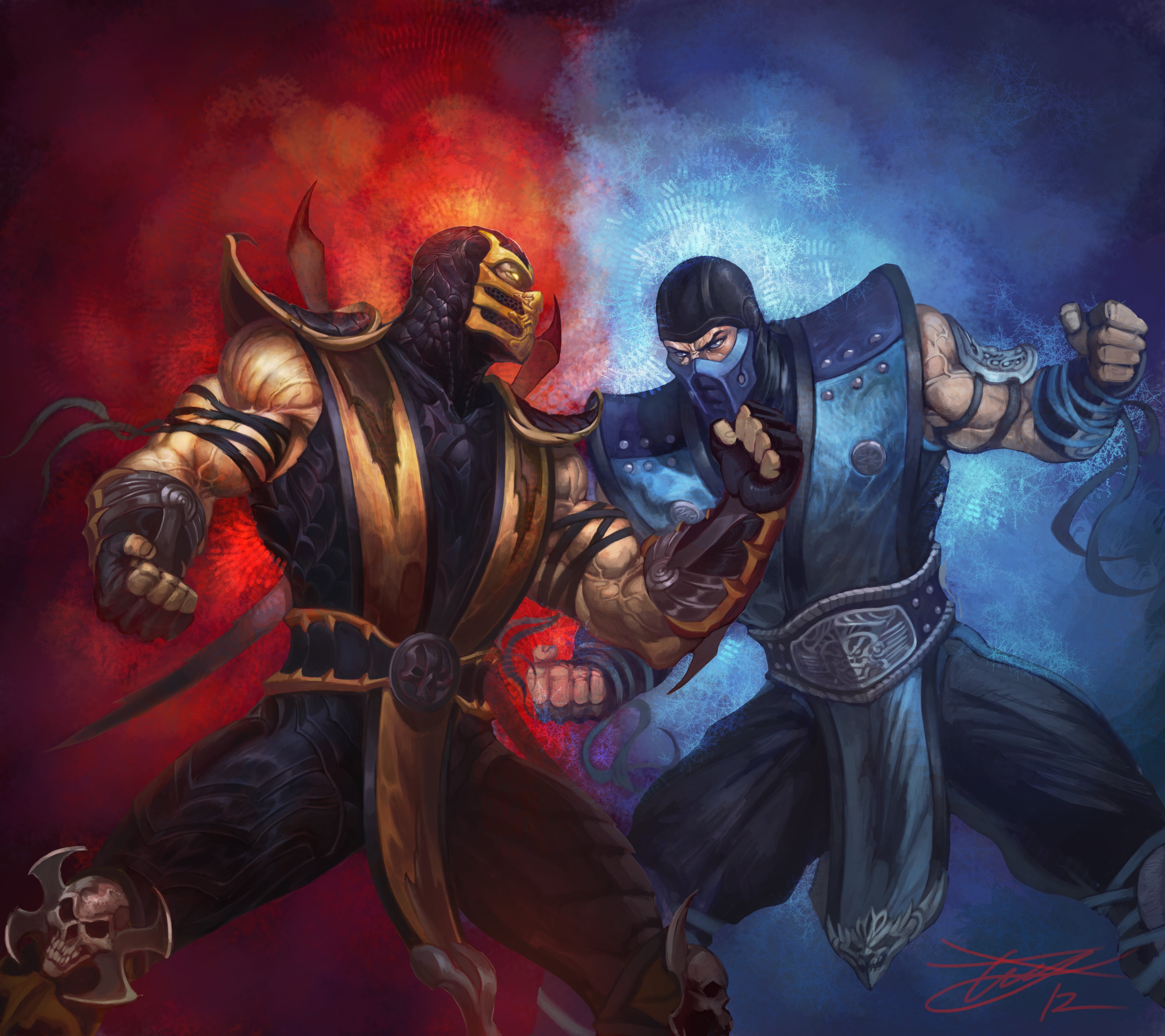 Mortal Kombat wallpaper, scorpion, sub-zero, punch, ice, fire