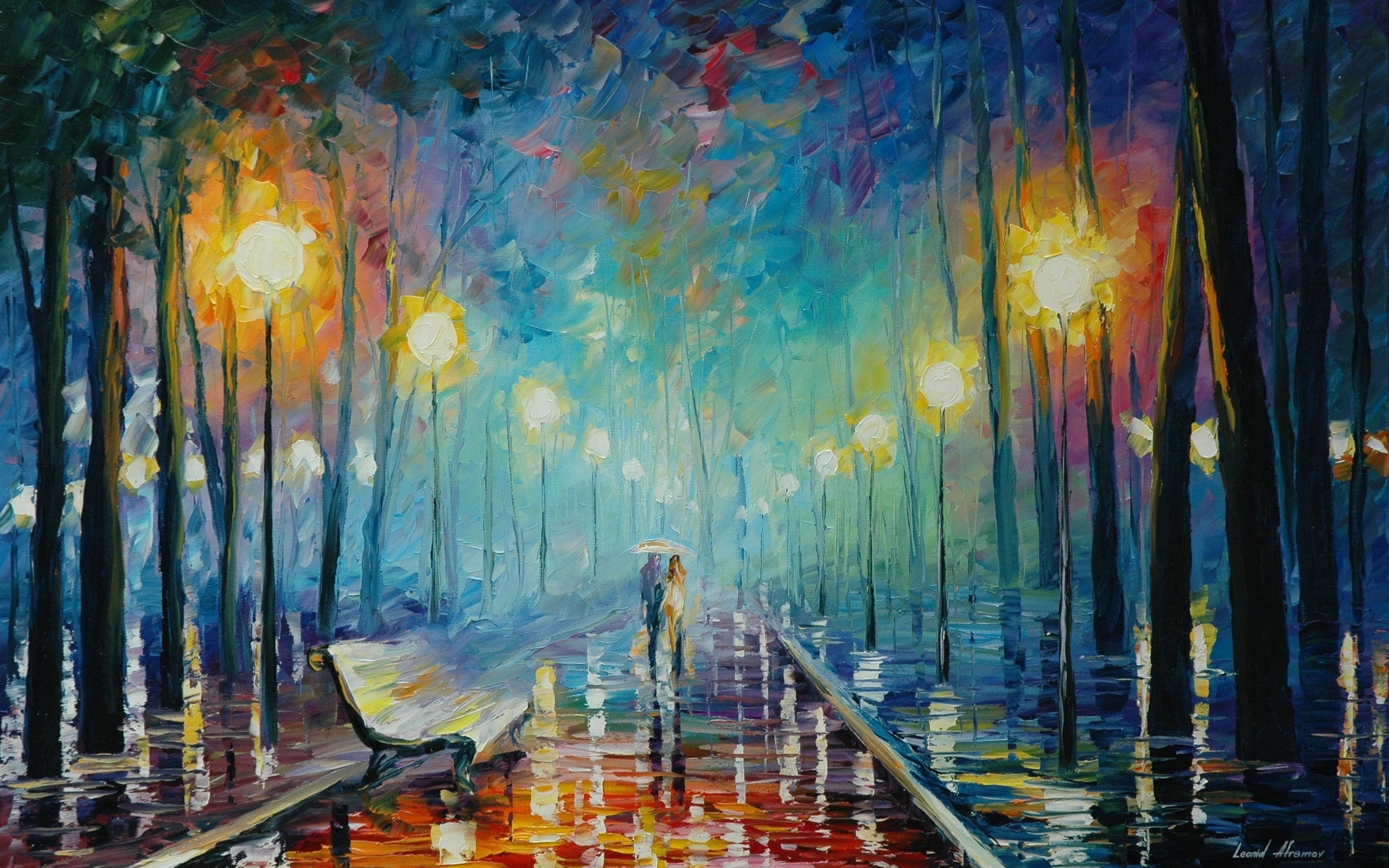 rain, umbrella, lovers, painting, trees, street light
