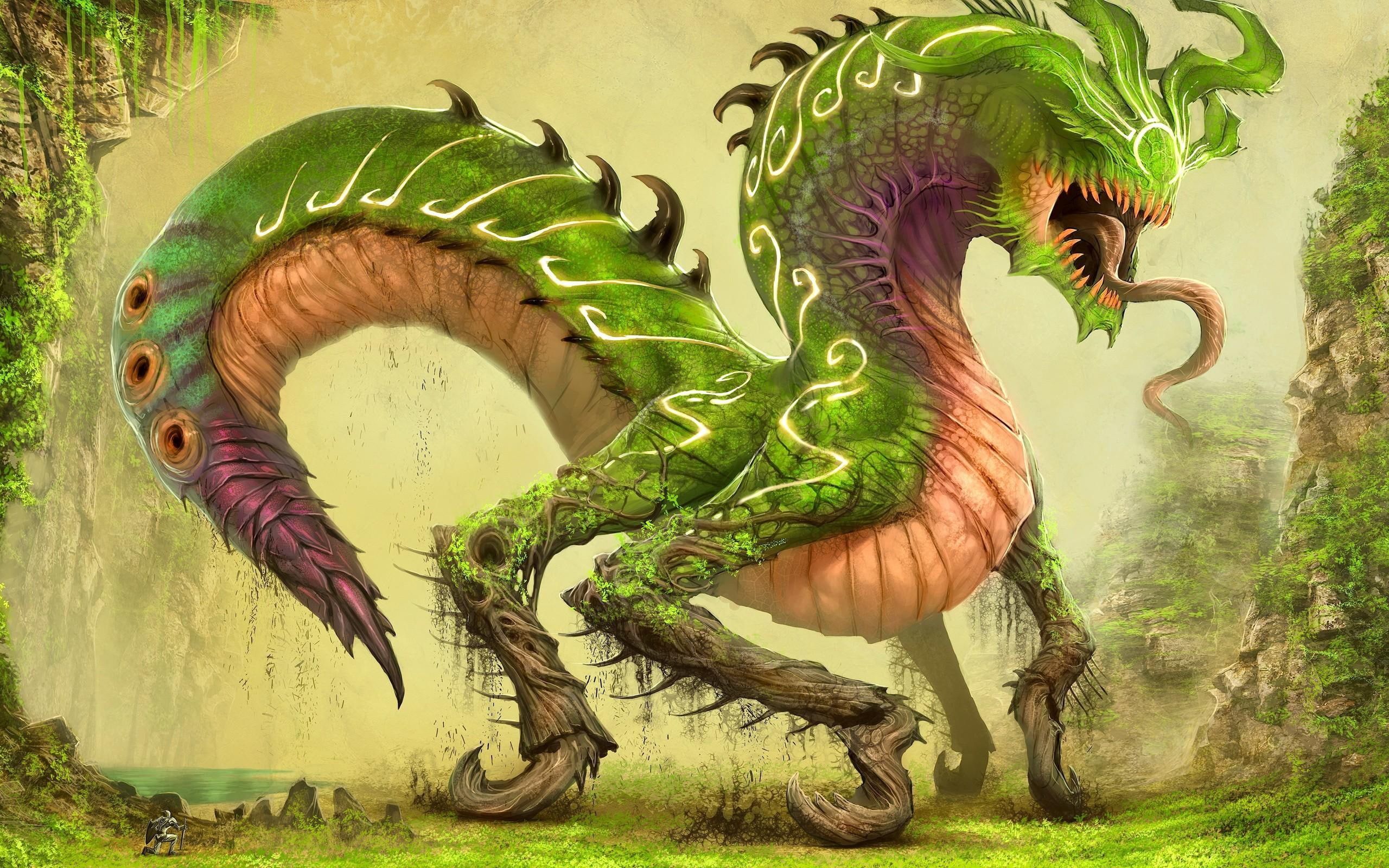 Dragon Creature, fantasy, beast, green, painting, 3d and abstract