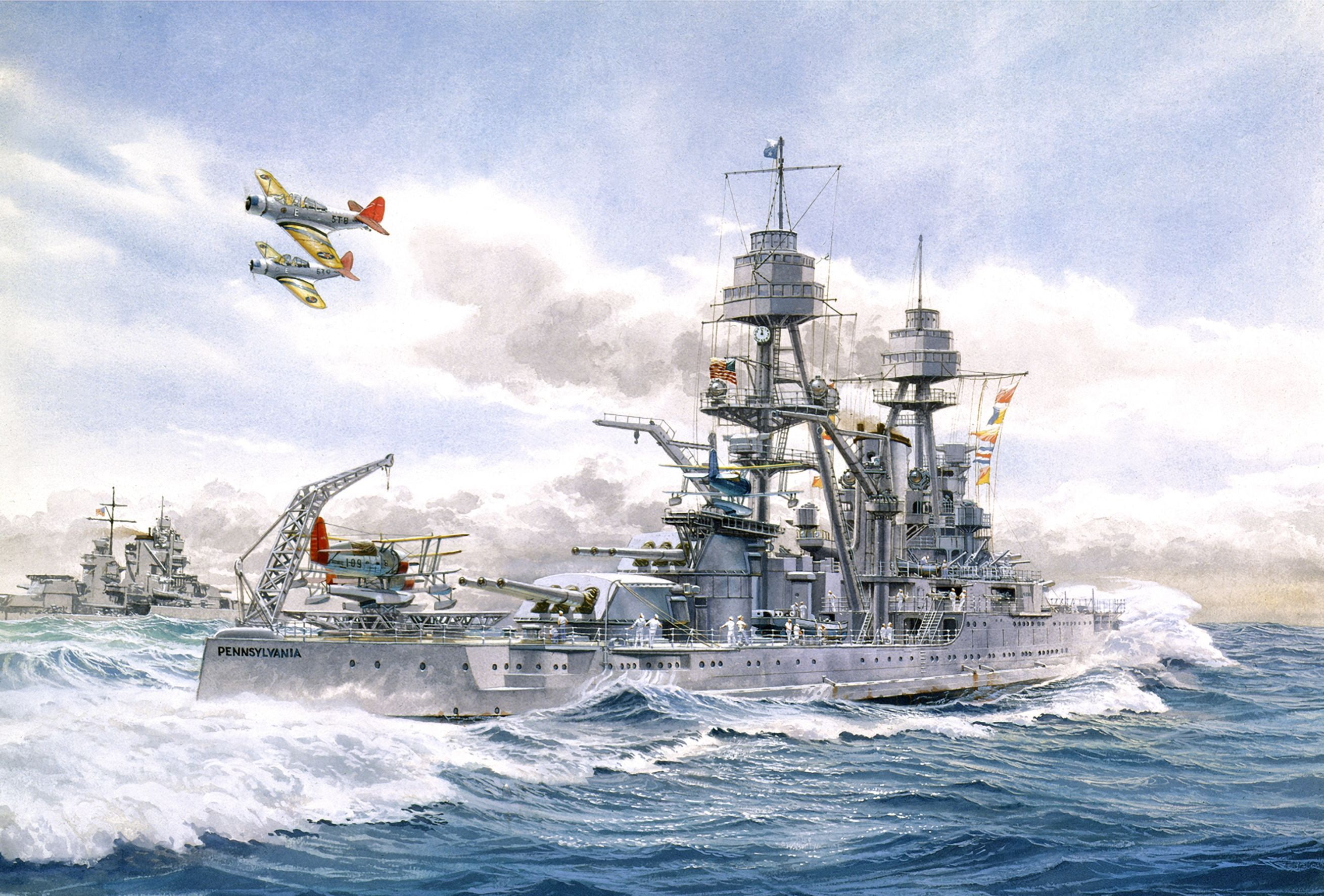 gray battleship illustration, sea, wave, the sky, ships, aircraft