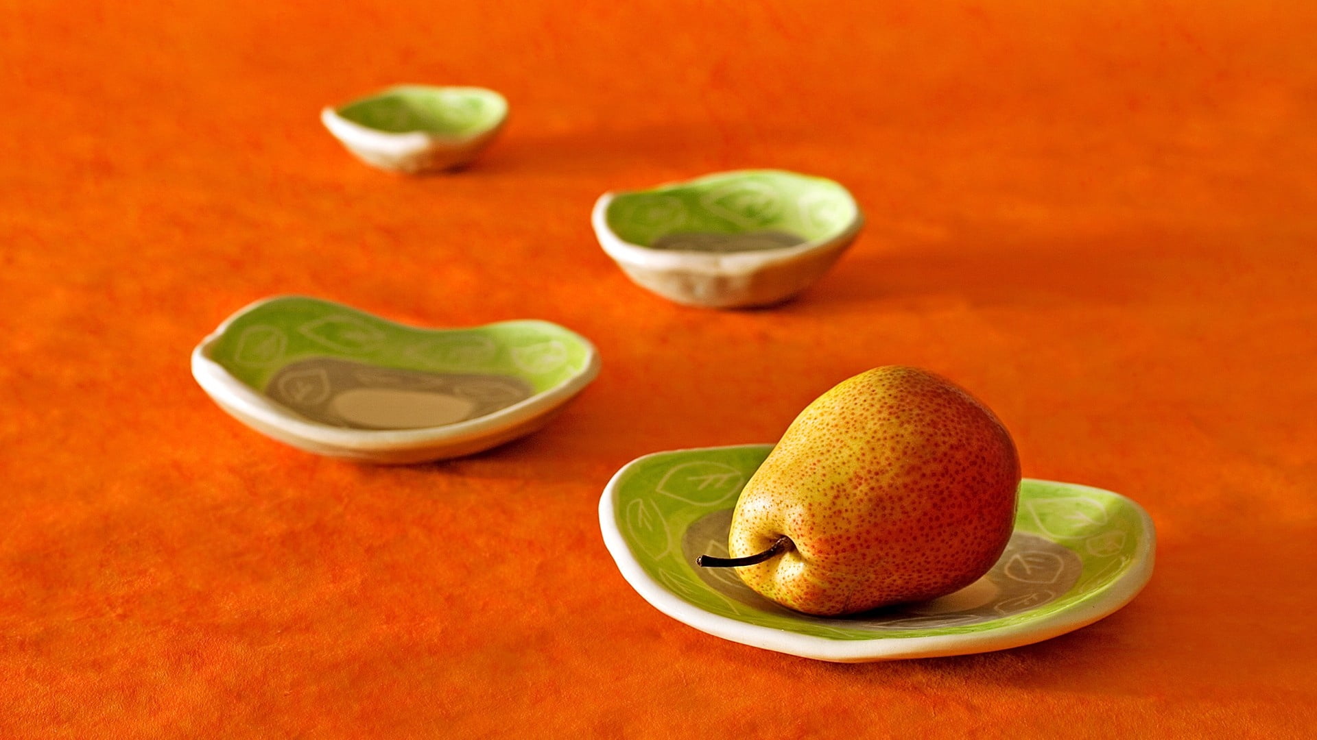 green ceramic plates, pear, fruit, orange, food, citrus Fruit