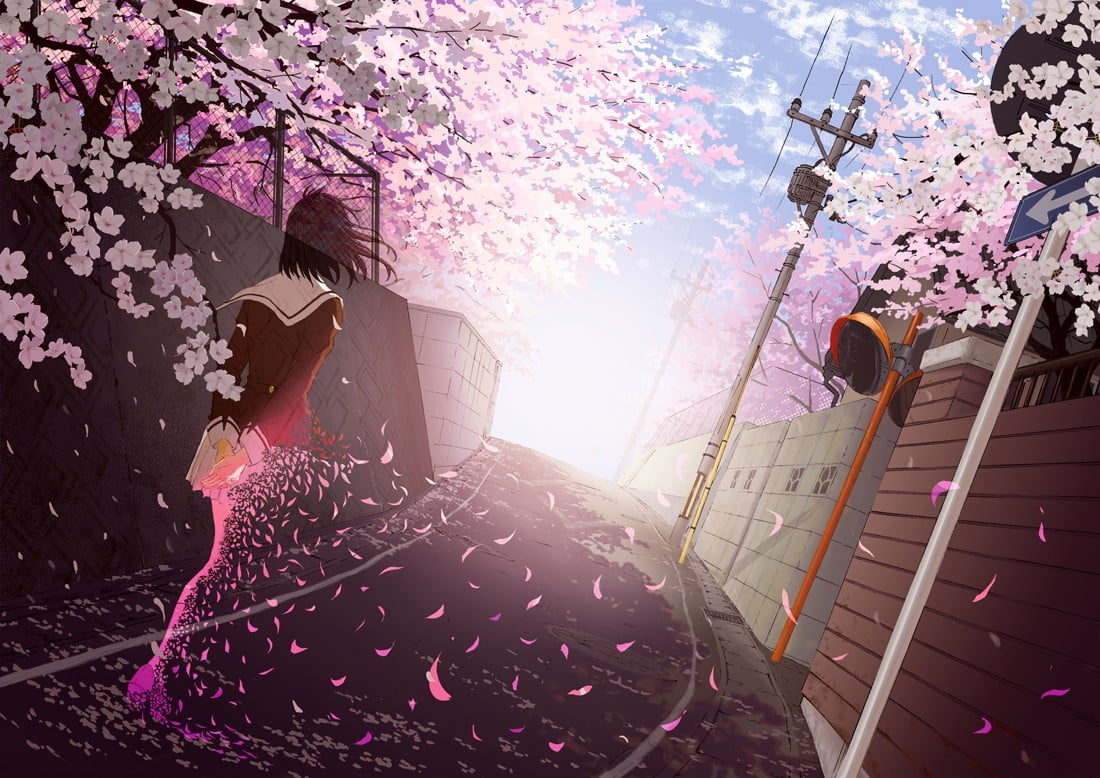 anime girls, school uniform, cherry blossom, one person, pink color