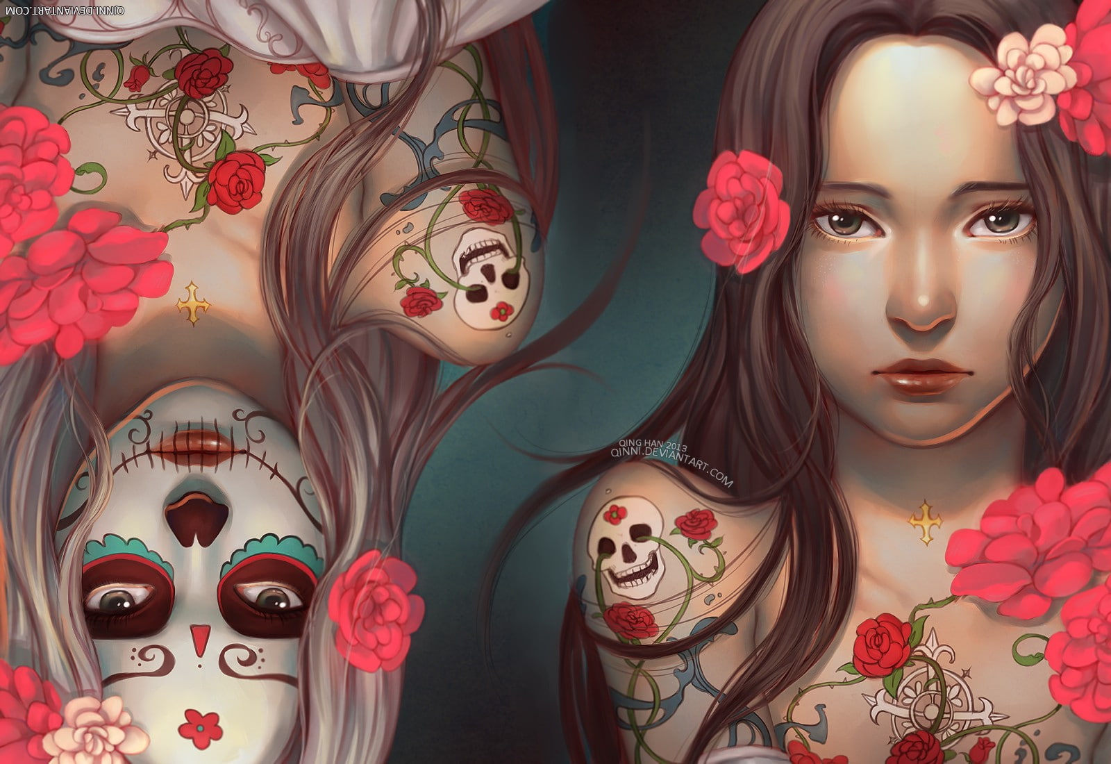 artwork, women, skull, flowers, tattoo