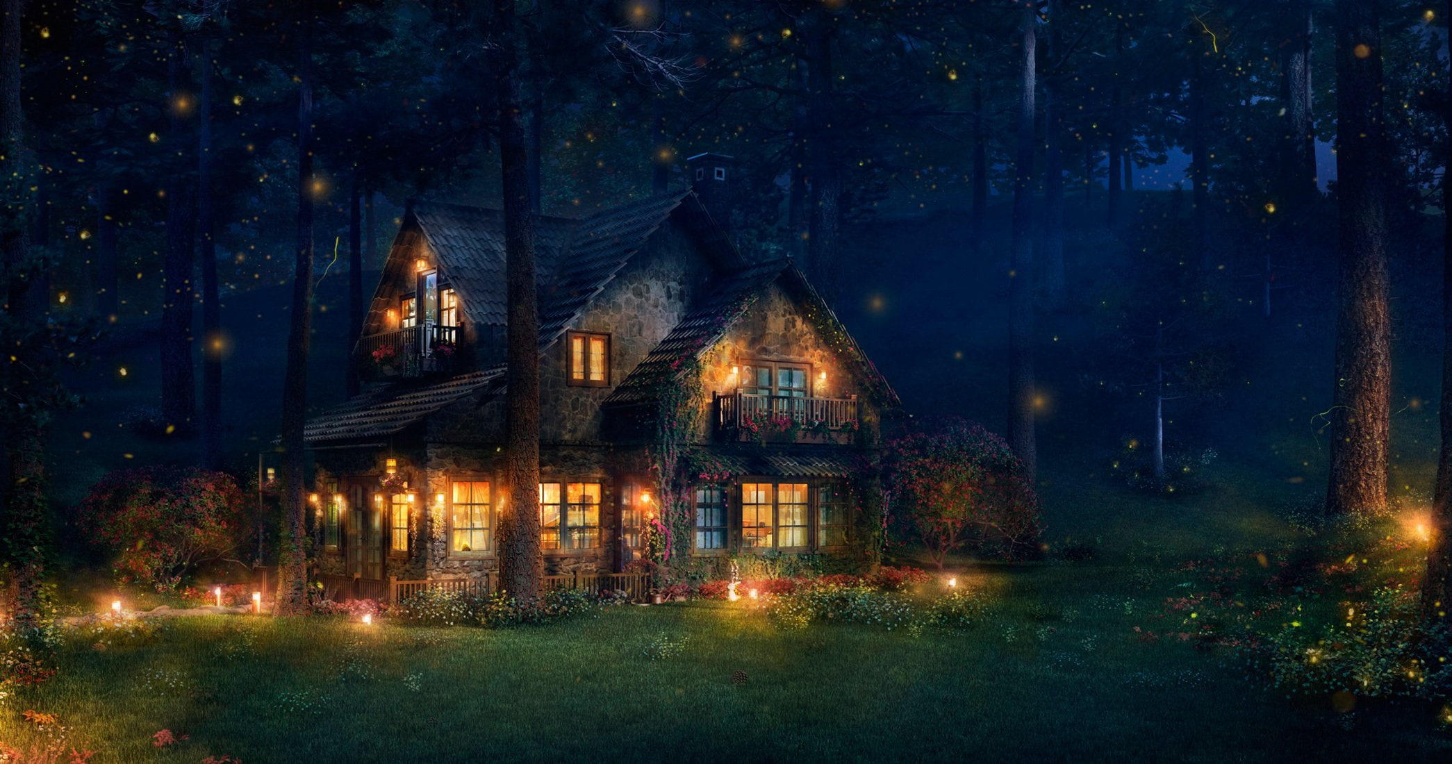 Cottage, grass, house, Lights, nature, night, Splendor, illuminated