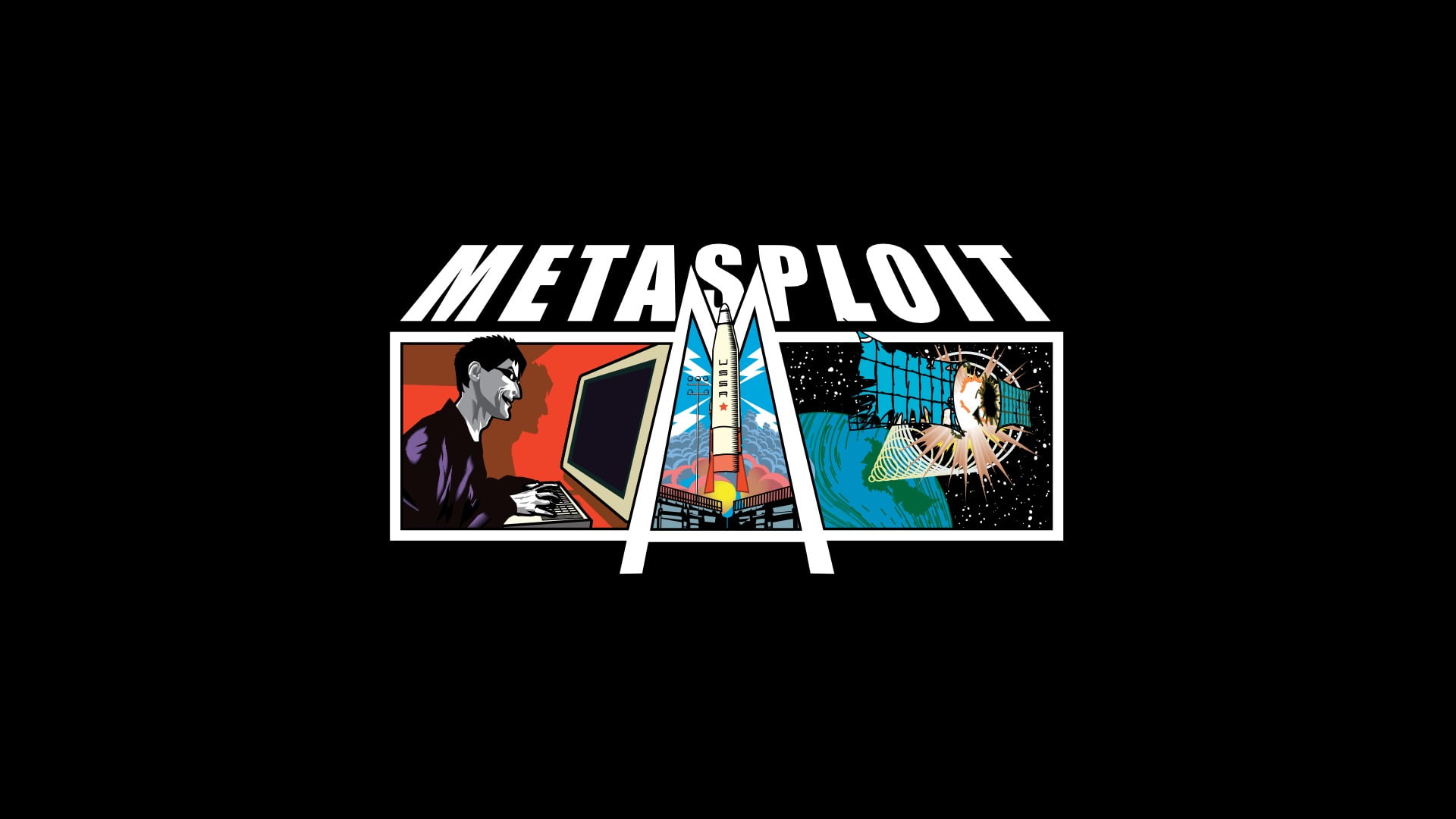 Metasploit logo, human representation, male likeness, text, studio shot